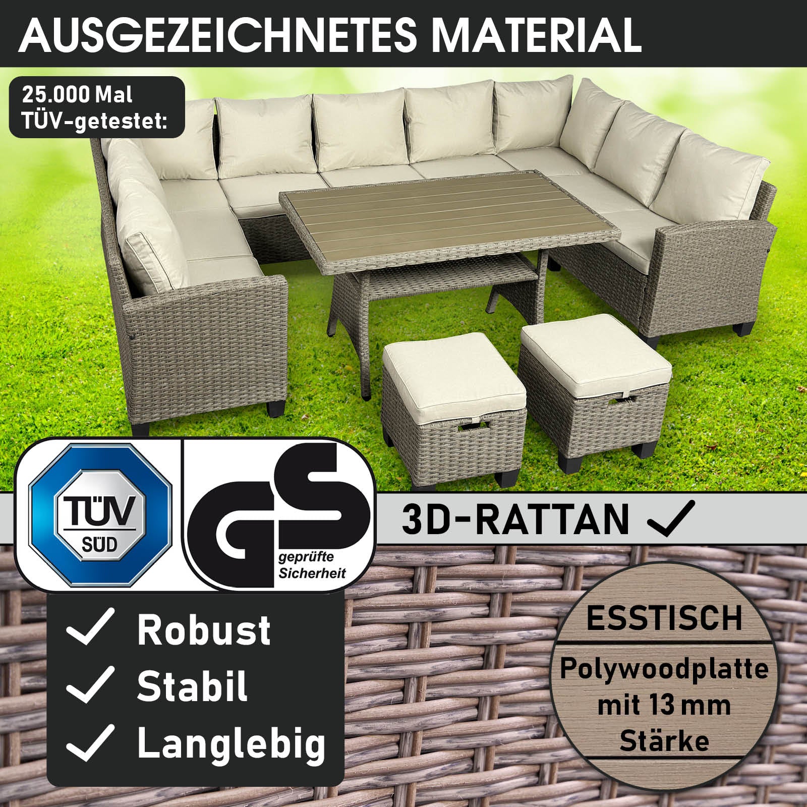 Braune Polyrattan Gartengarnitur mit cremefarbenen Kissen, modulare Rattan Sitzgruppe Garten mit Esstisch und Hockern für.