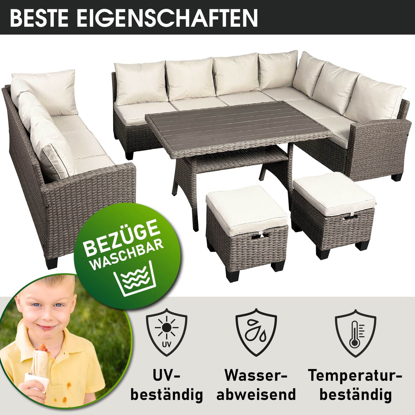 Braune Polyrattan Gartengarnitur mit beige Polstern, Ecksofa, Tisch und zwei Hockern, wasserabweisend und UV-beständig,.