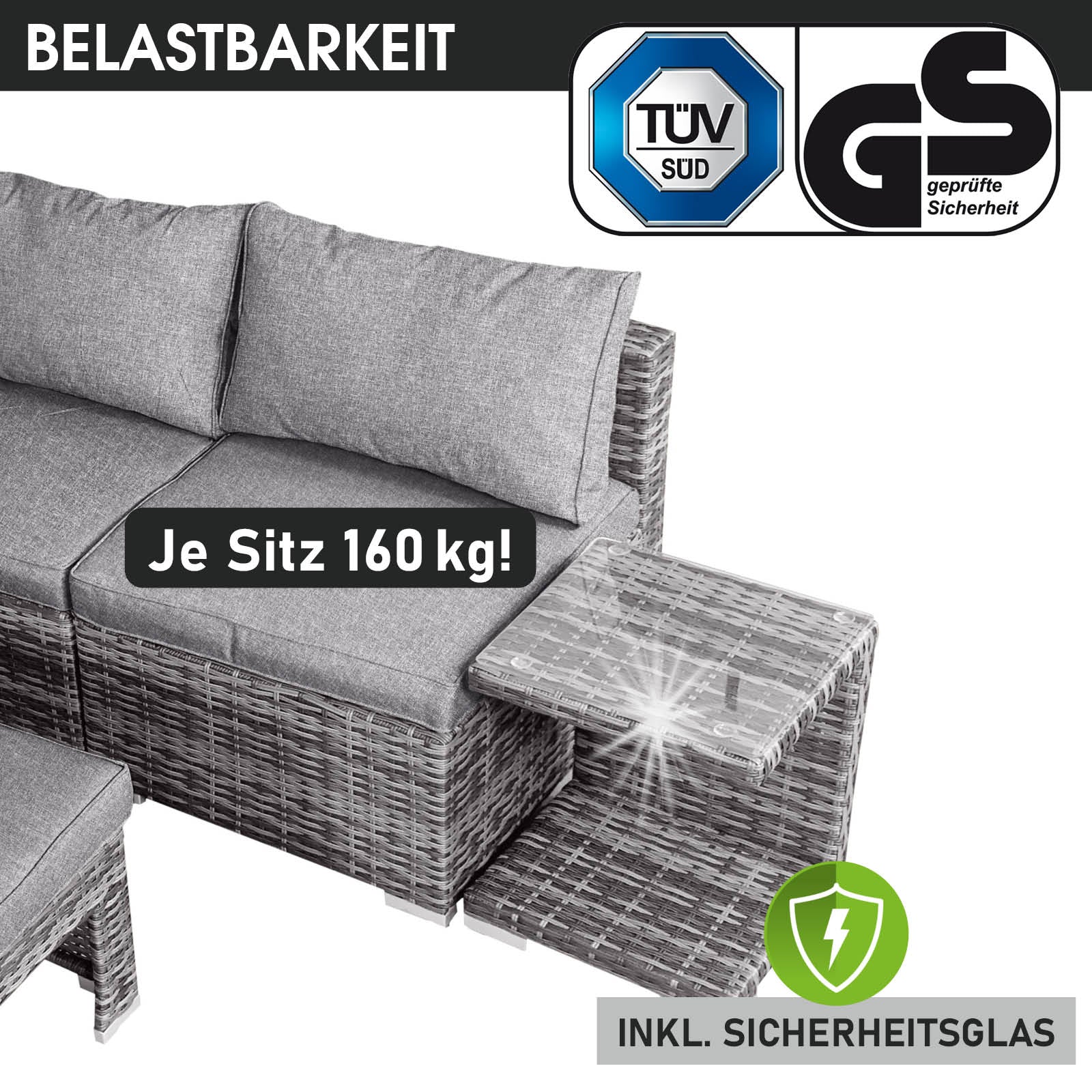 Graue Polyrattan Lounge-Insel mit LED-Beleuchtung, modernes Loungemöbel Set für Garten.