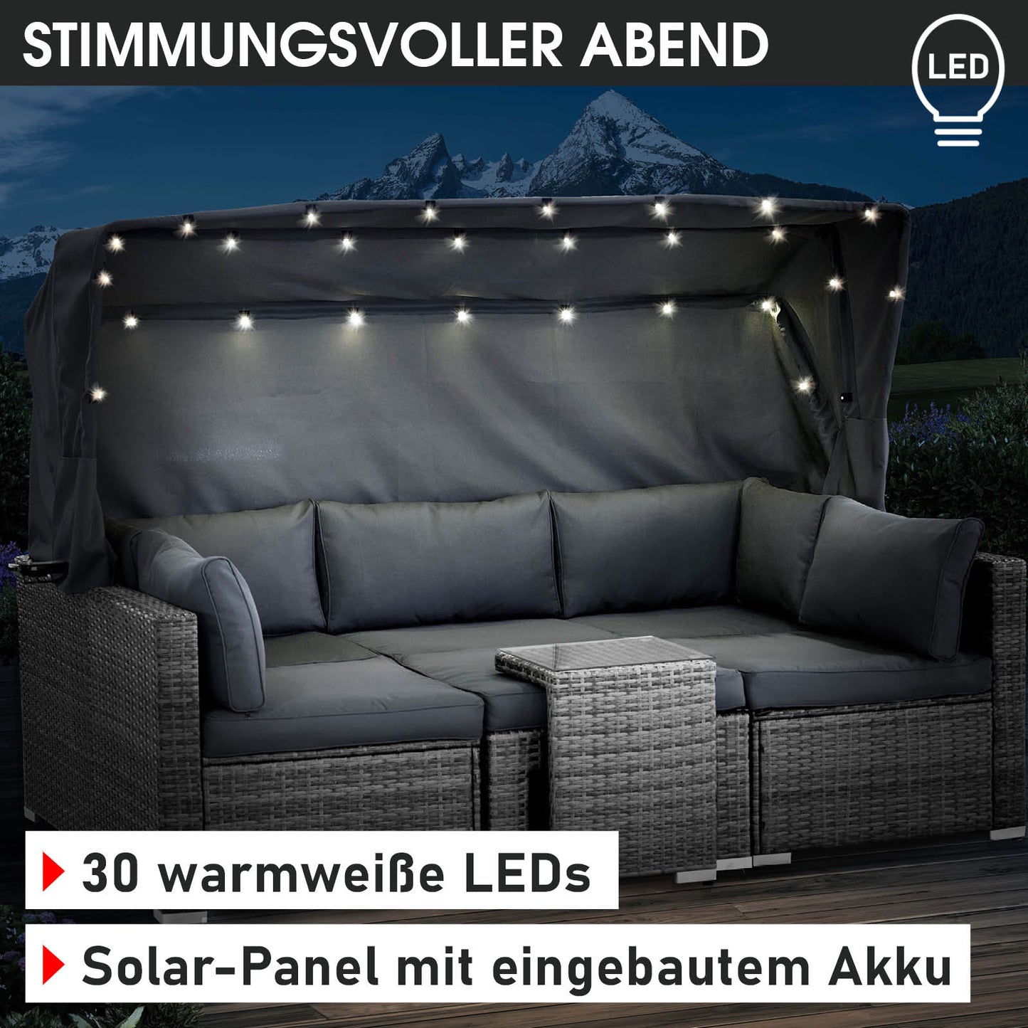 Grau-anthrazite Polyrattan Lounge-Insel mit LED-Beleuchtung, modernes loungemöbel set für garten lounge möbel.