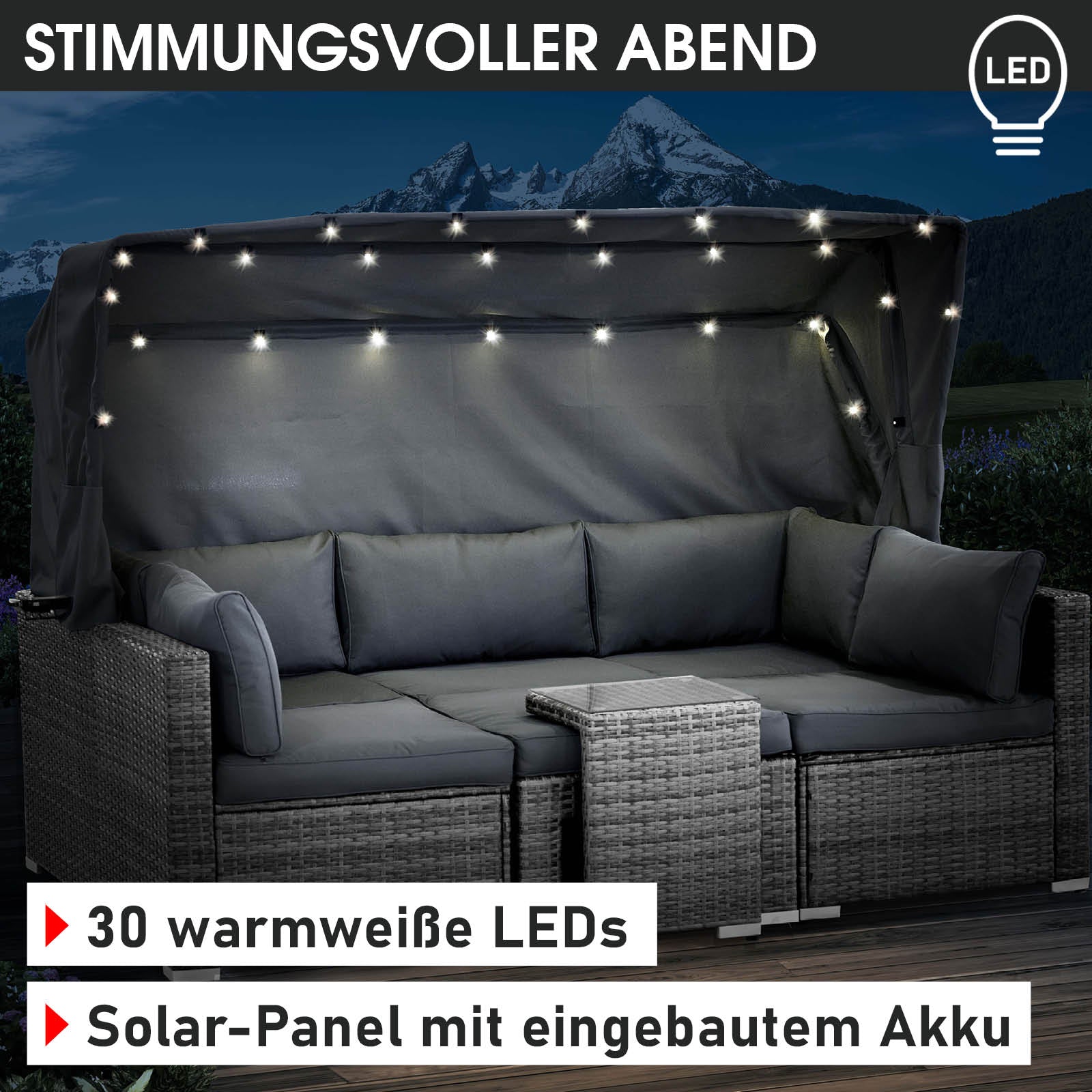 Grau-anthrazite Polyrattan Lounge-Insel mit LED-Beleuchtung, modernes loungemöbel set für garten lounge möbel.