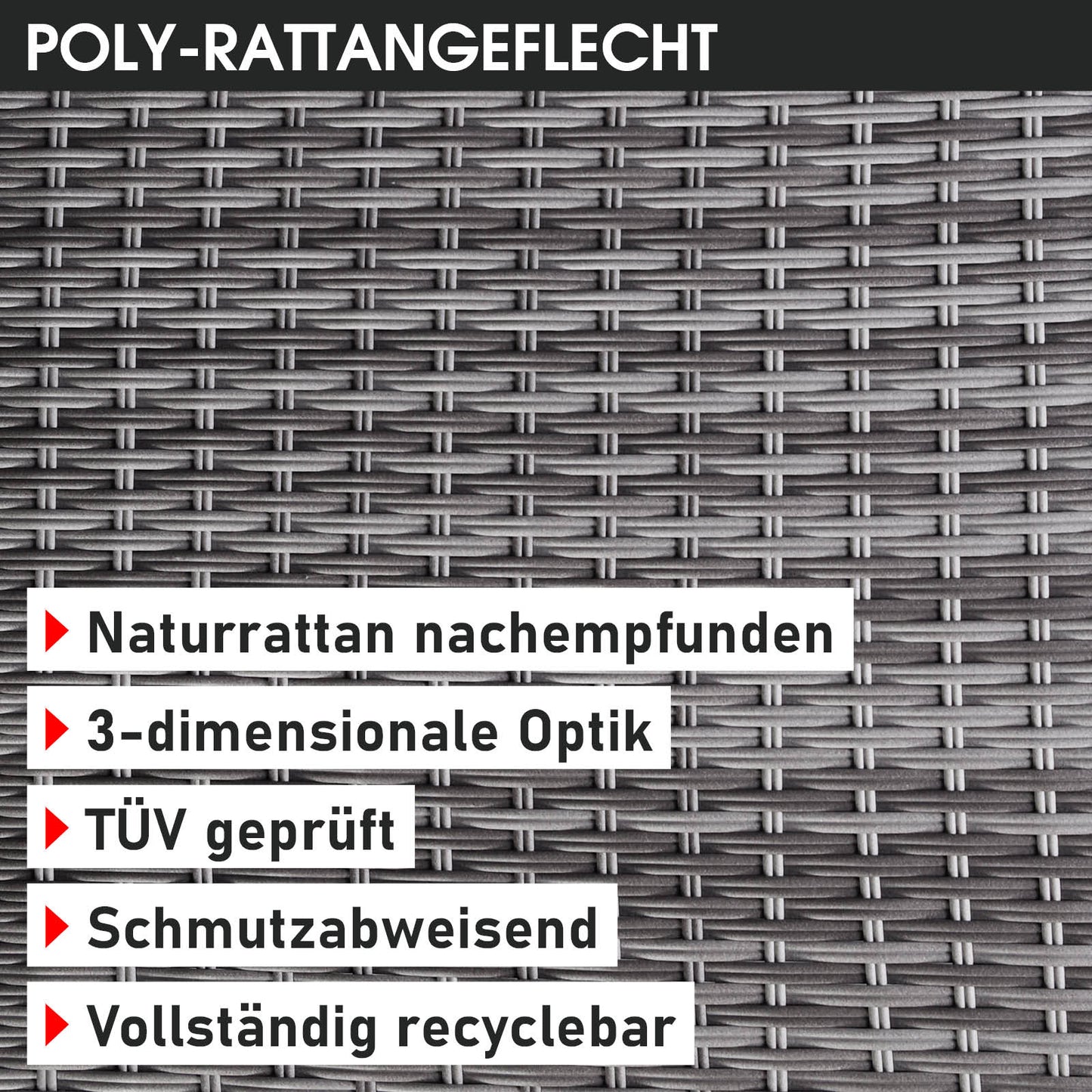 Grau-anthrazitfarbenes Polyrattan Geflecht mit 3D-Optik, schmutzabweisend für Loungemöbel Set.