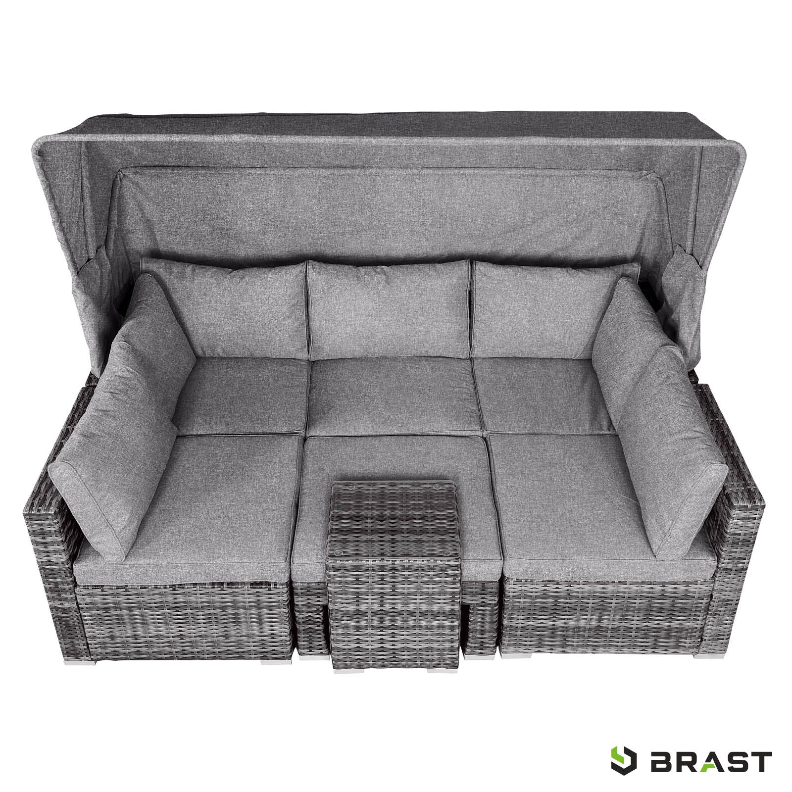 Graue Polyrattan Lounge-Insel mit grauen Polstern, hoher Rückenlehne und integriertem Tisch, loungemöbel set für Garten.