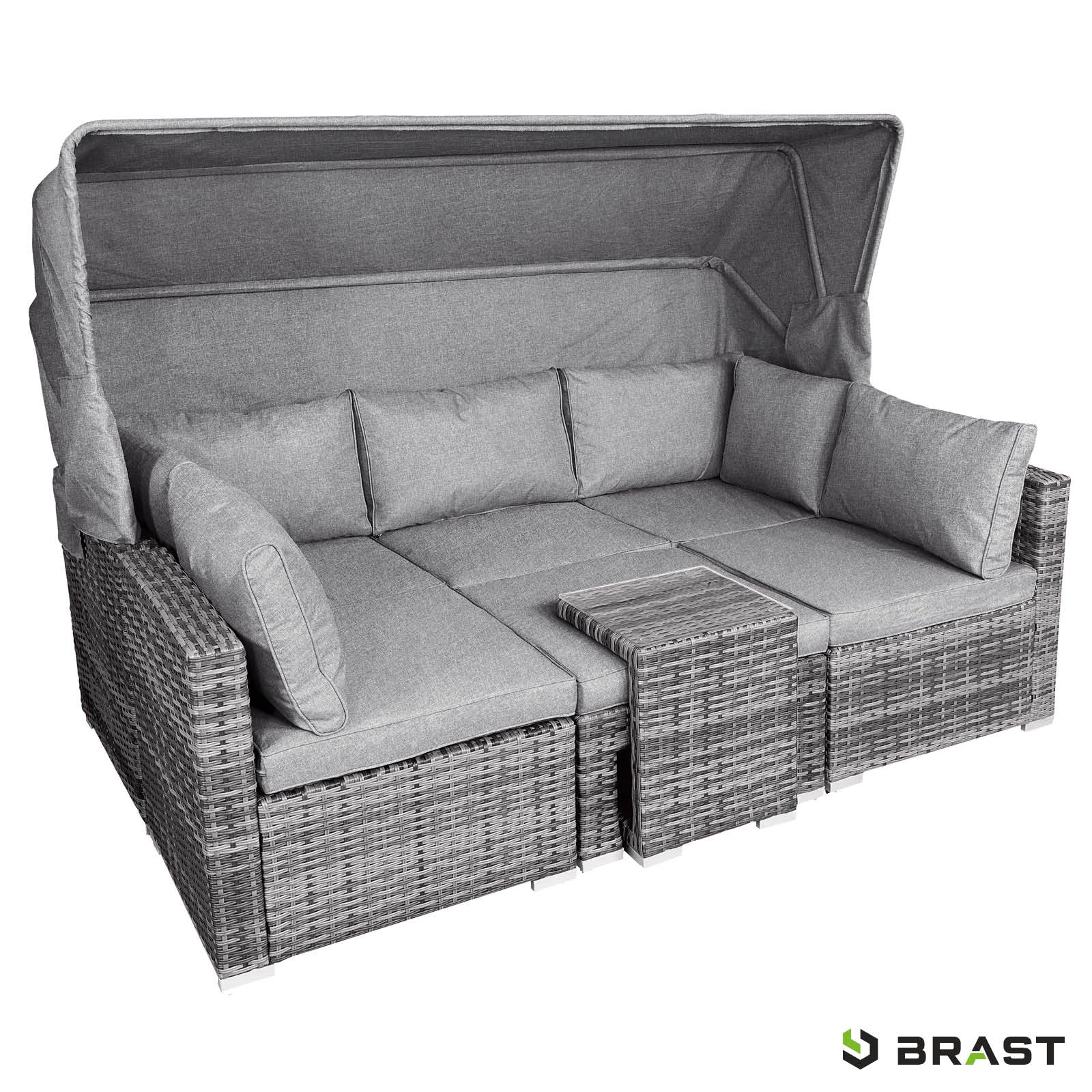 Graue Polyrattan Lounge-Insel mit LED, Polsterkissen, Loungemöbel Set für Garten Lounge Möbel.