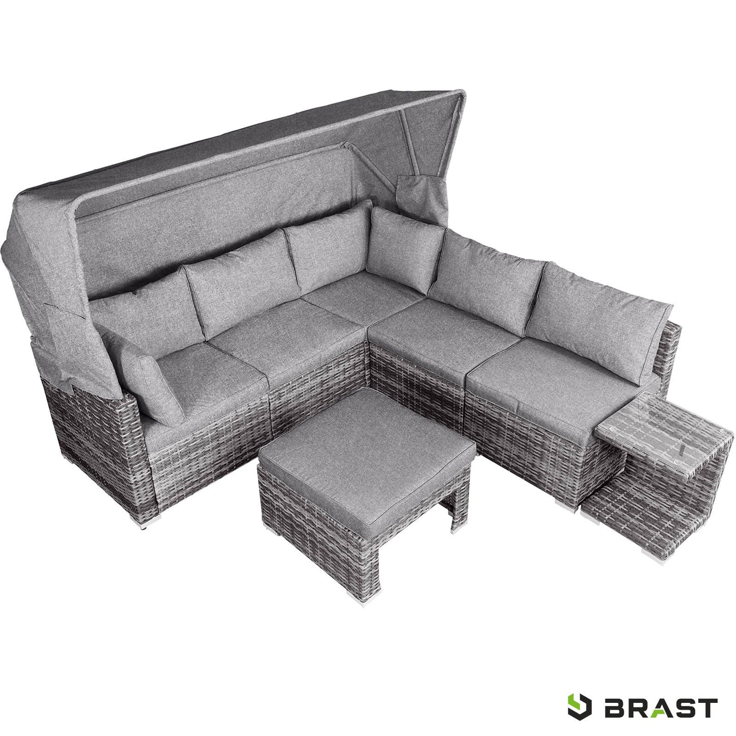 Graue Polyrattan Lounge-Insel mit LED, inkl. Sitzkissen und Hocker, Loungemöbel Set für Garten.