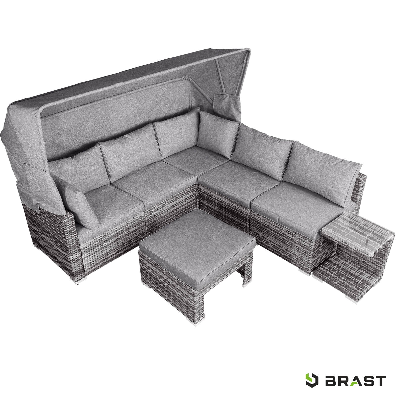 Graue Polyrattan Lounge-Insel mit LED, inkl. Sitzkissen und Hocker, Loungemöbel Set für Garten.