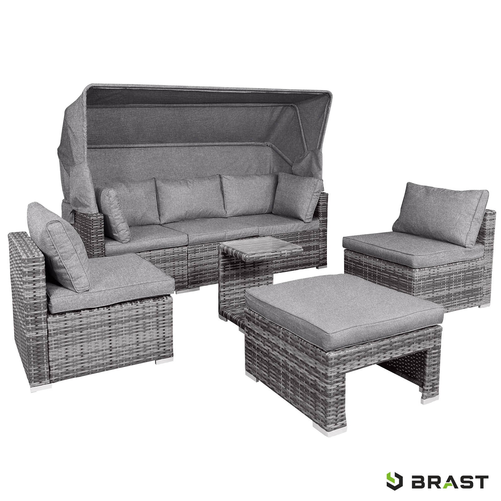 Graues Polyrattan Lounge-Gartenmöbel-Set mit LED, Sofa, Hocker und Tisch, Loungemöbel anthrazit.
