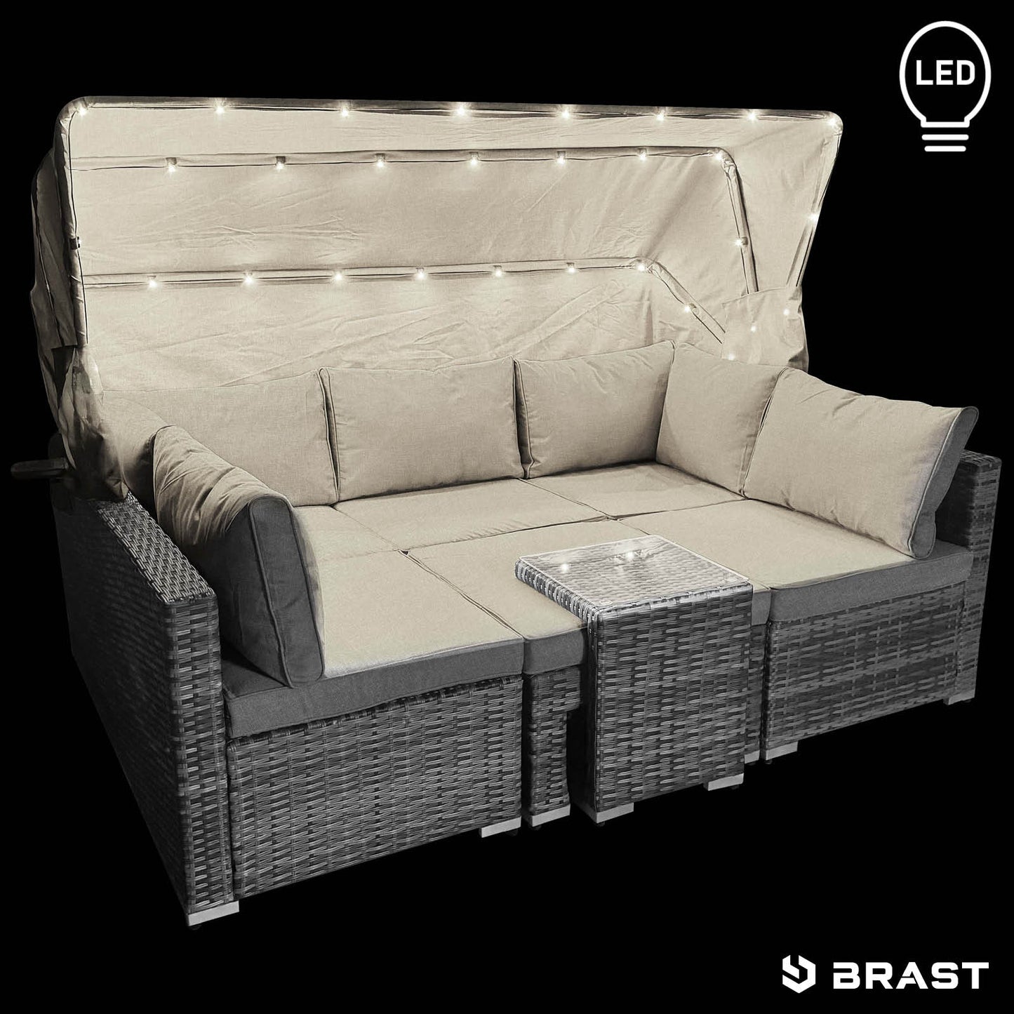 Graue Polyrattan Lounge-Insel mit LED-Beleuchtung, gemütliche Lounge Gartenmöbel mit Kissen, modernes Loungemöbel Set.