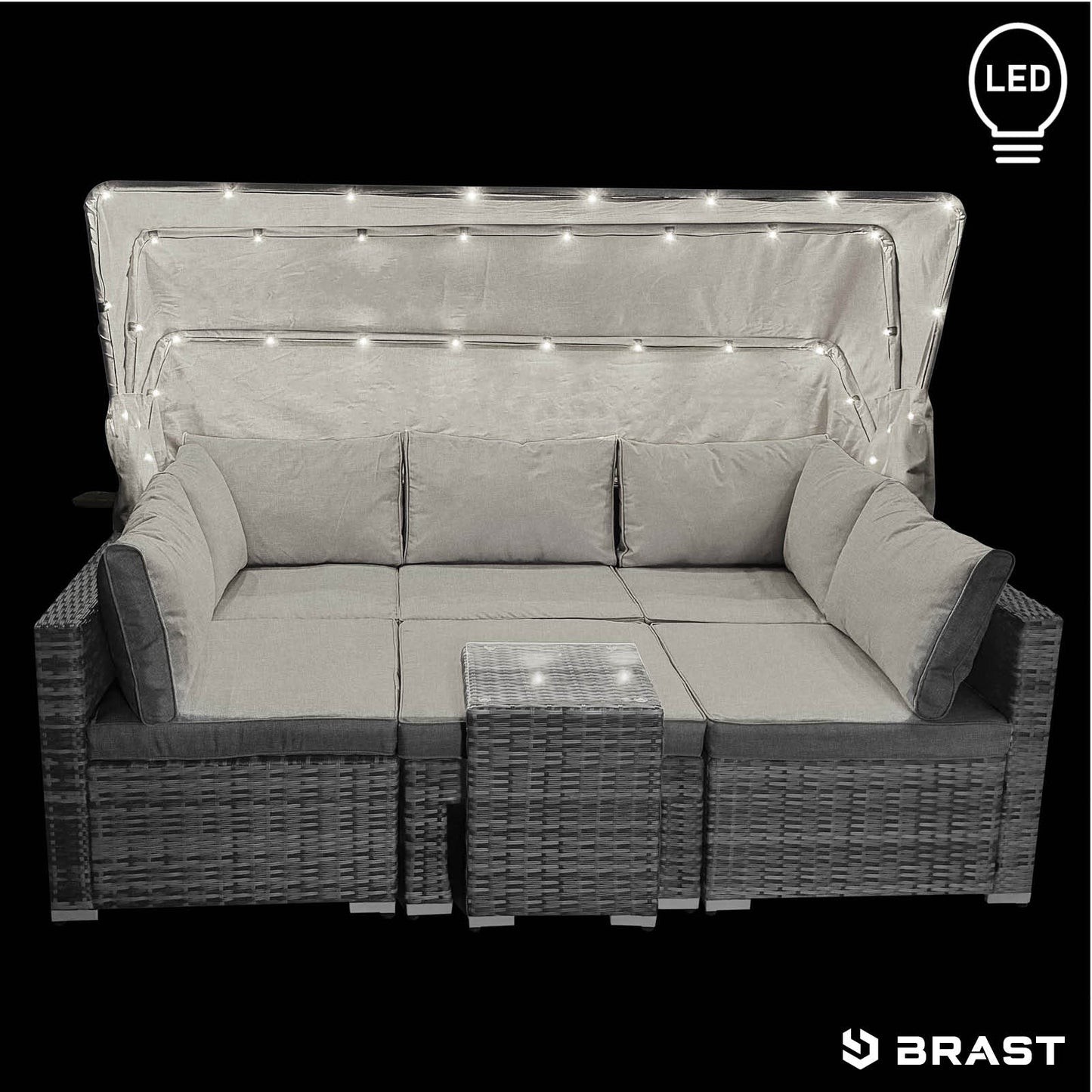 Grau-anthrazitfarbene Polyrattan Lounge-Insel mit LED-Beleuchtung, gepolstertes loungemöbel set für garten lounge möbel.