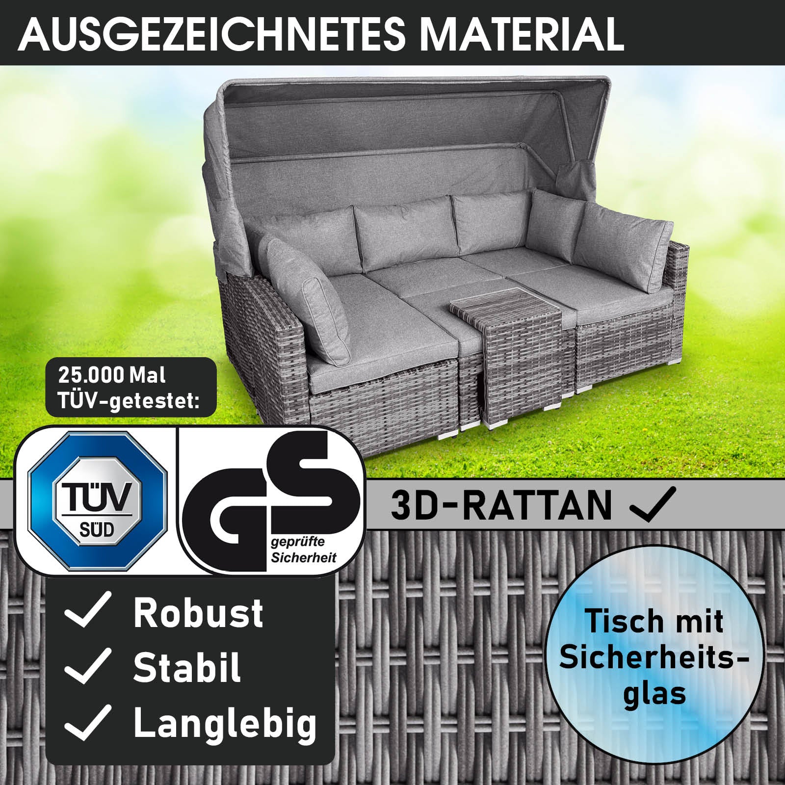 Graues Polyrattan Lounge-Insel Set mit LED, Rattan Lounge Gartemöbel, Loungemöbel Set.