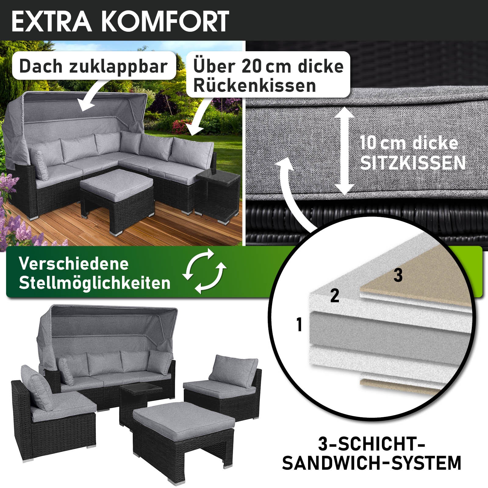 Schwarze Polyrattan Lounge-Insel mit grauen dicken Sitz- und Rückenkissen, modulares Loungemöbel Set für Garten, Rattan.