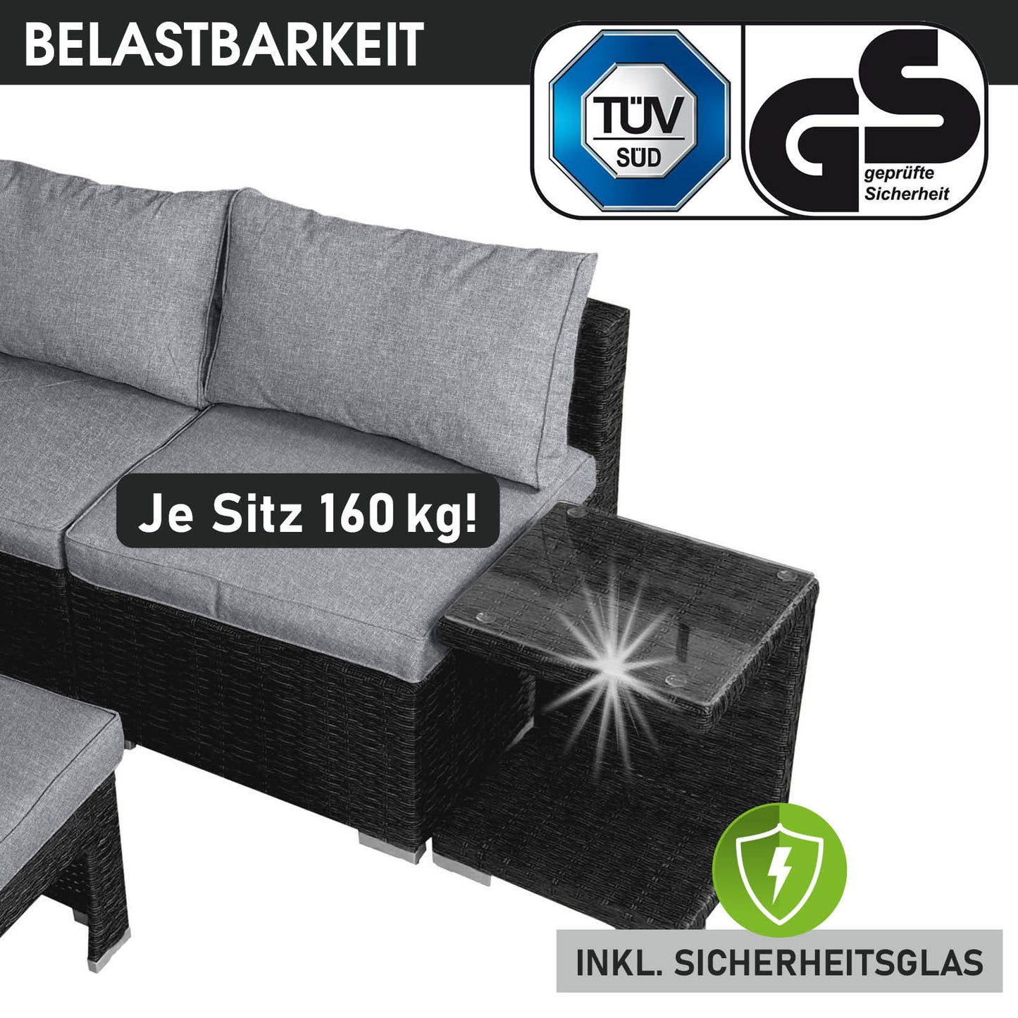 Schwarze Polyrattan Lounge-Insel mit grauen Kissen und integriertem LED-Licht, loungemöbel set für garten lounge möbel.