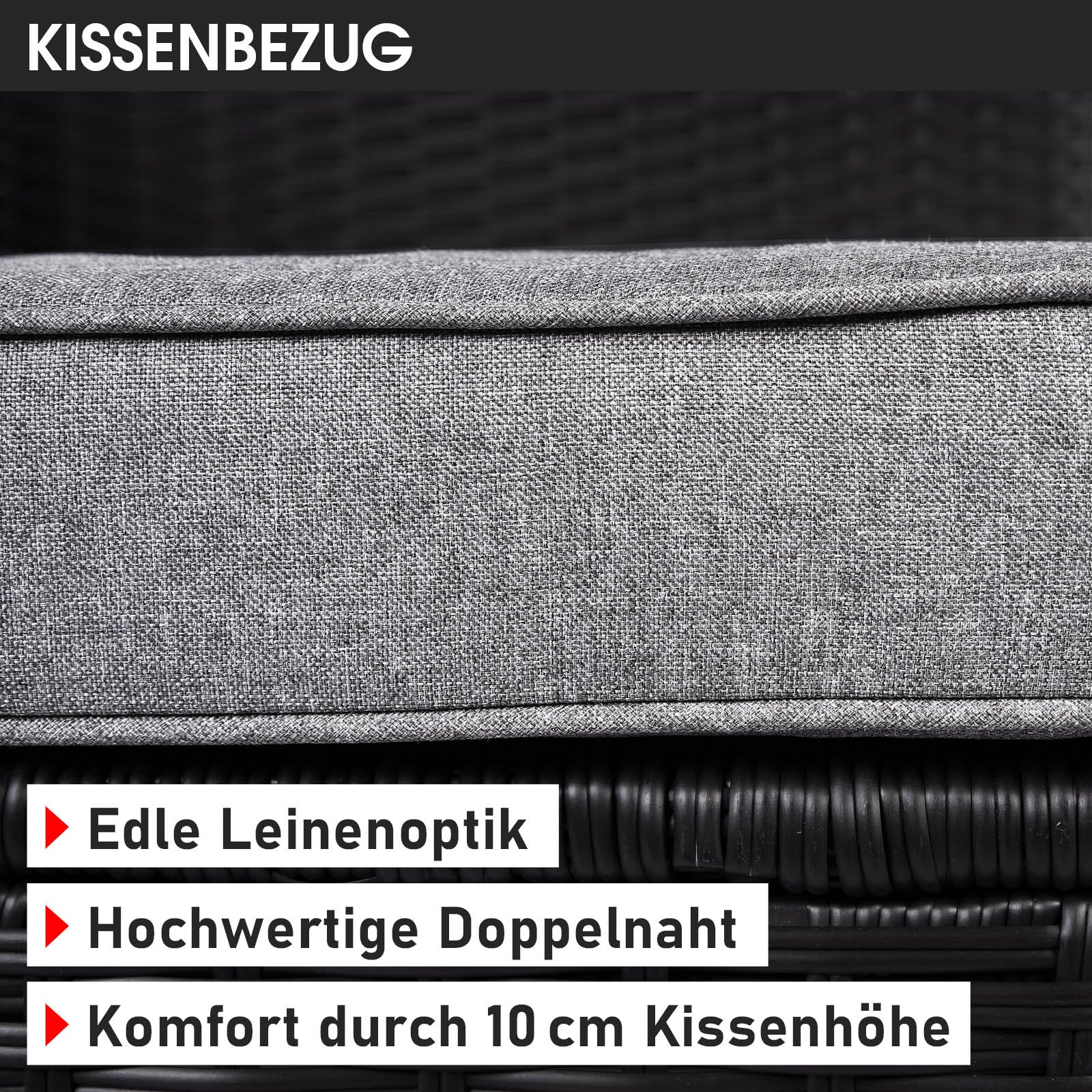 Grau melierter Kissenbezug mit hochwertiger Doppelnaht in Leinenoptik für Loungemöbel Set.