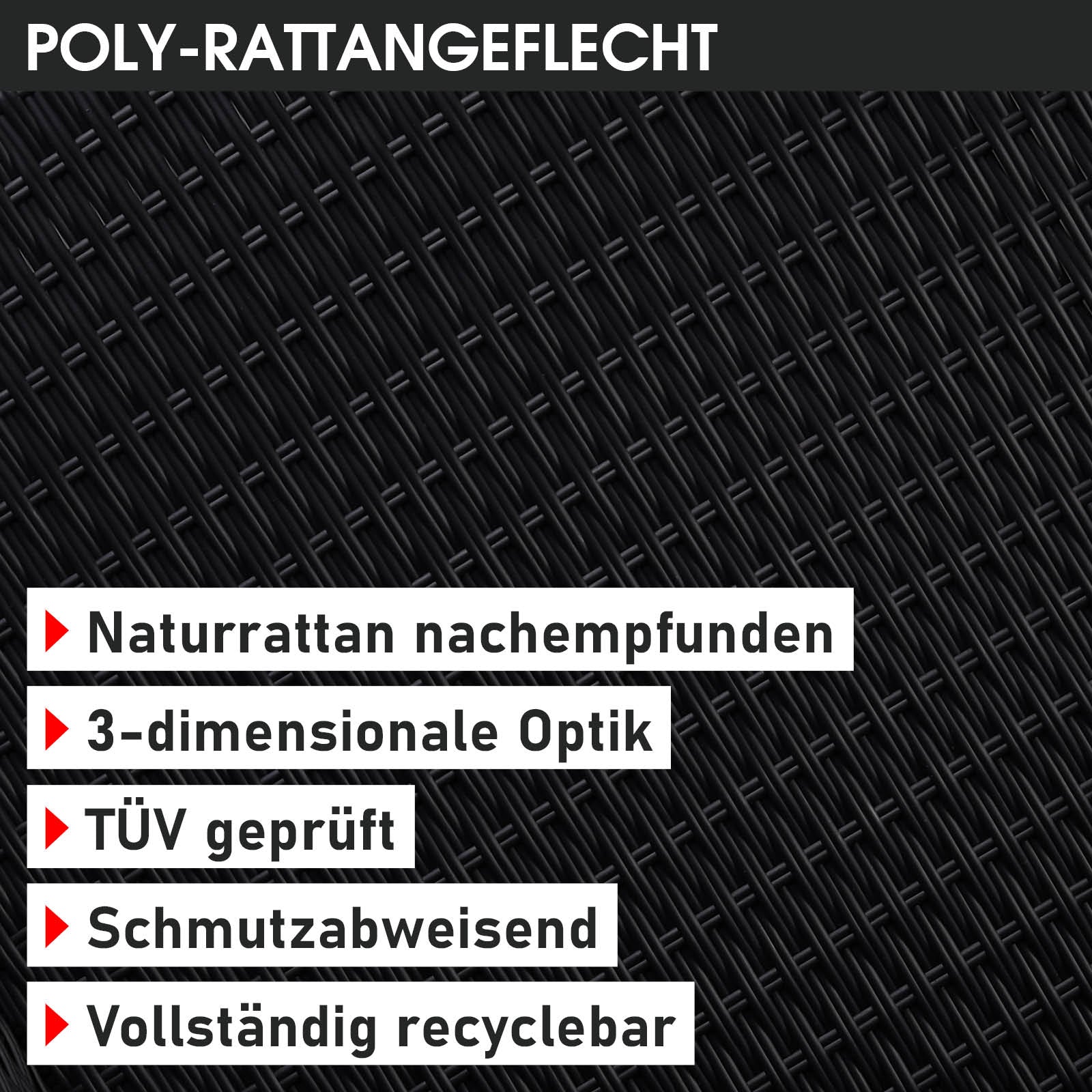 Schwarze Polyrattan Lounge-Insel mit LED-Beleuchtung und grauen Kissen, Loungemöbel Set für Garten, Rattan Lounge Garten.
