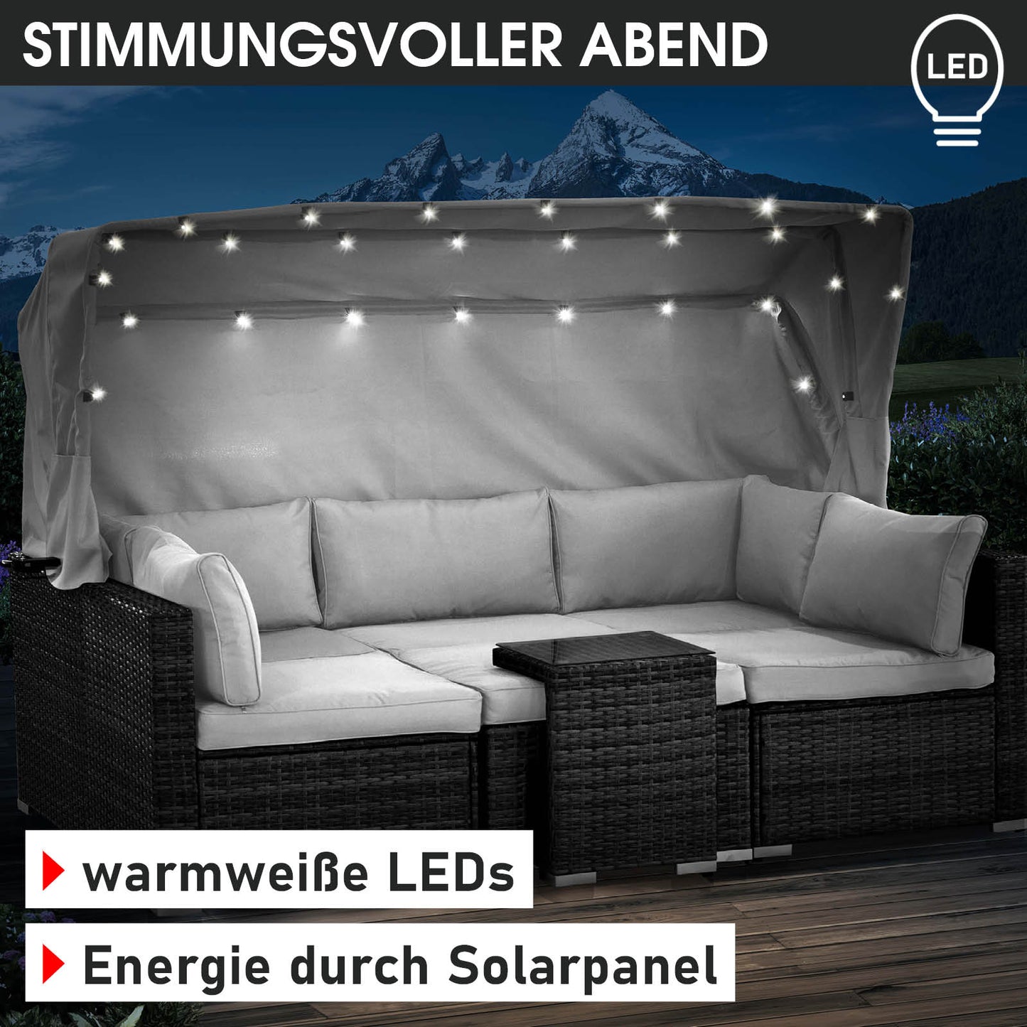 Schwarze Polyrattan Lounge-Insel mit grauen Polstern, integriertem Solarpanel und warmweißen LED-Leuchten, moderne.