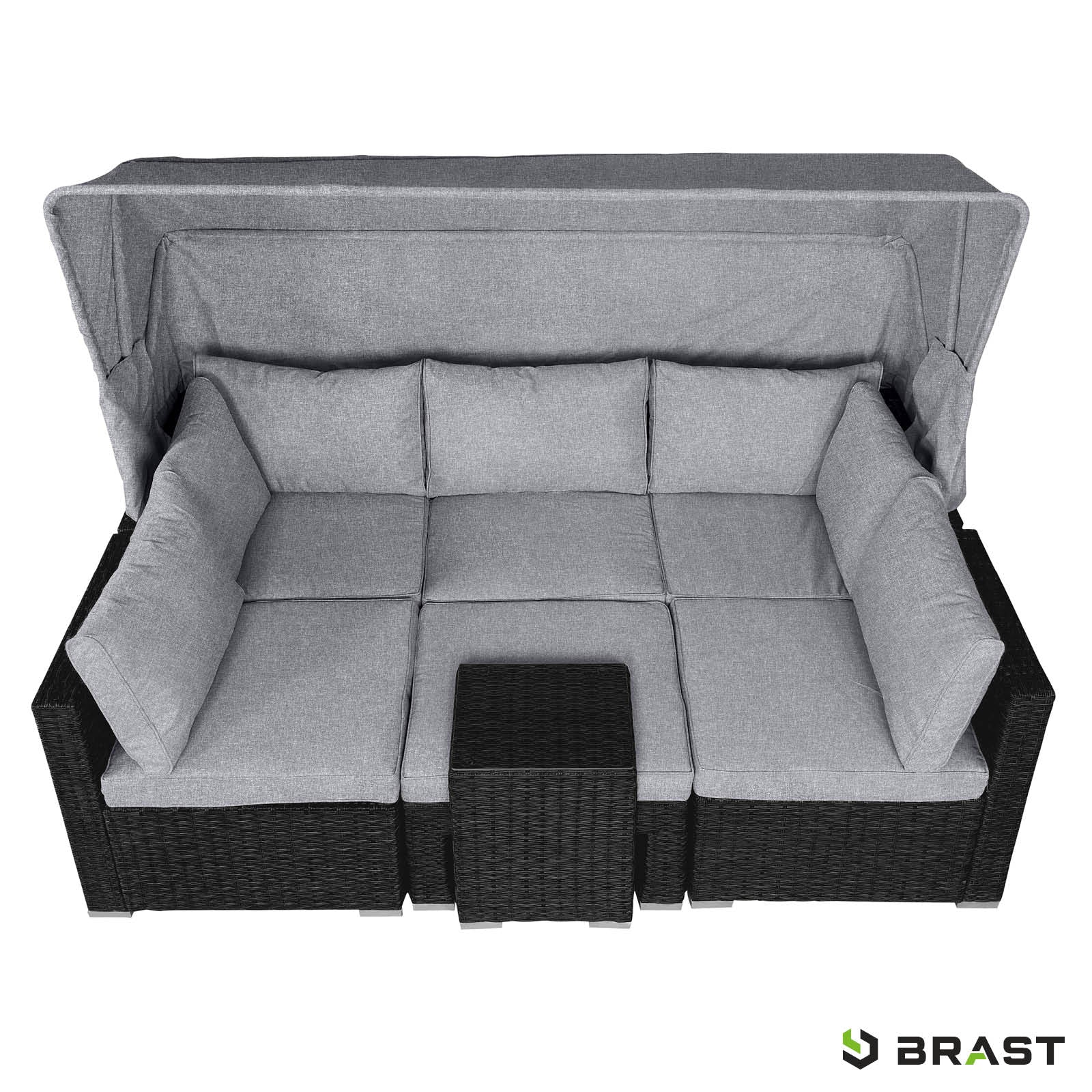 Schwarze Polyrattan Lounge-Insel mit grauen Polstern und integriertem Sonnendach, Loungemöbel Set für Garten Lounge Möbel.