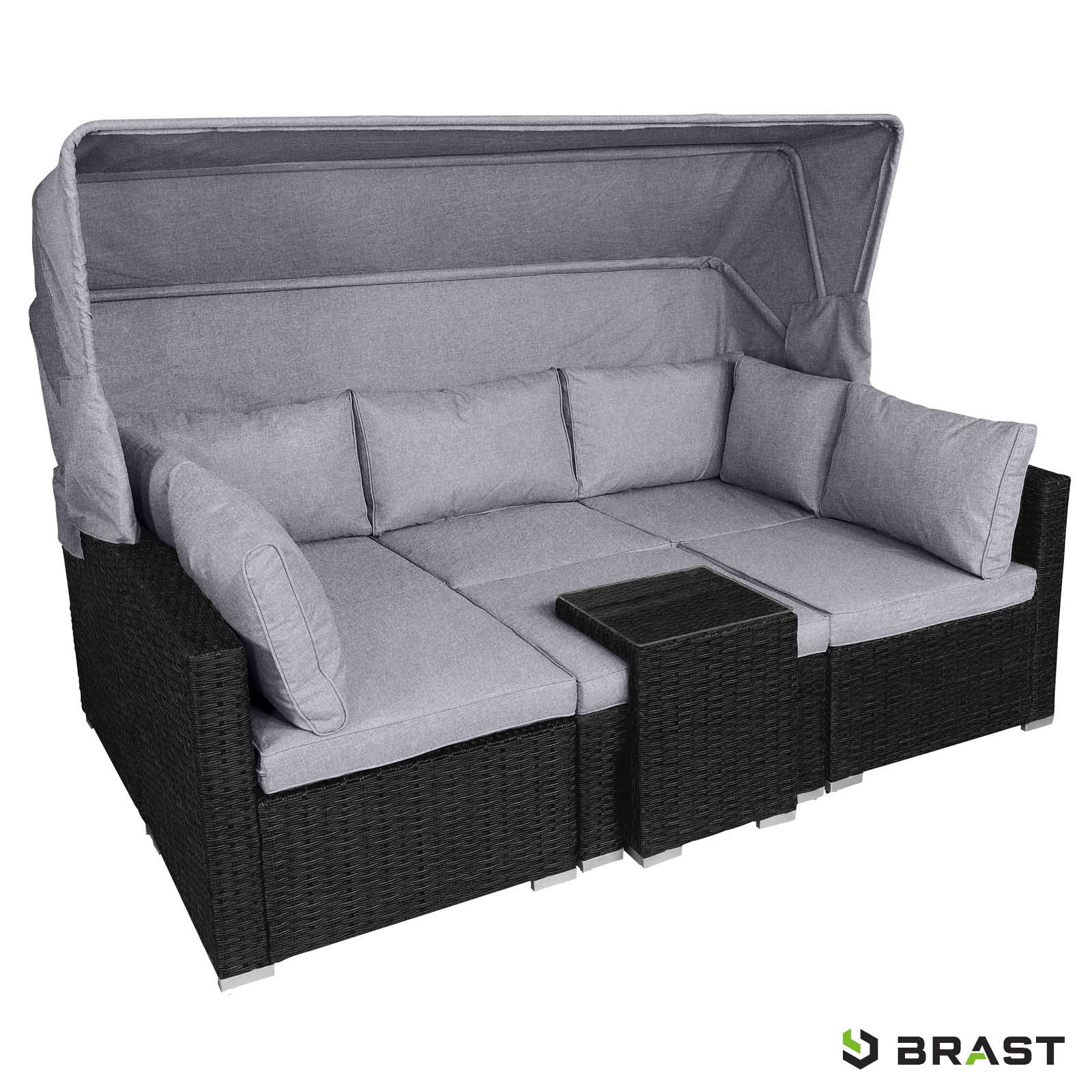 Schwarze Polyrattan Lounge-Insel mit grauen Kissen, klappbarem Sonnendach, Loungemöbel Set für Garten.