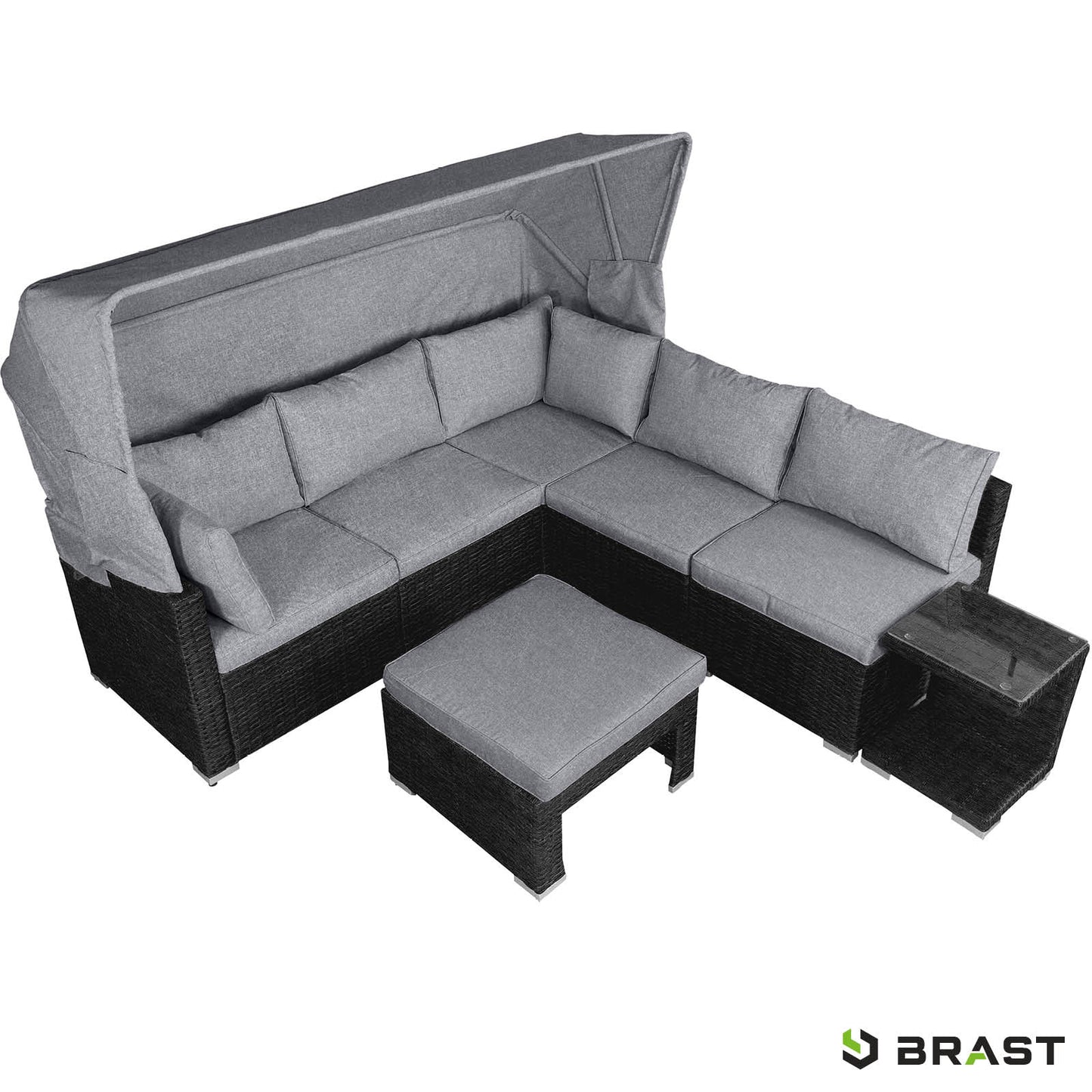 Schwarze Polyrattan Lounge-Insel mit grauen Polstern, LED-Beleuchtung, Loungemöbel Set für Garten Loungemöbel.