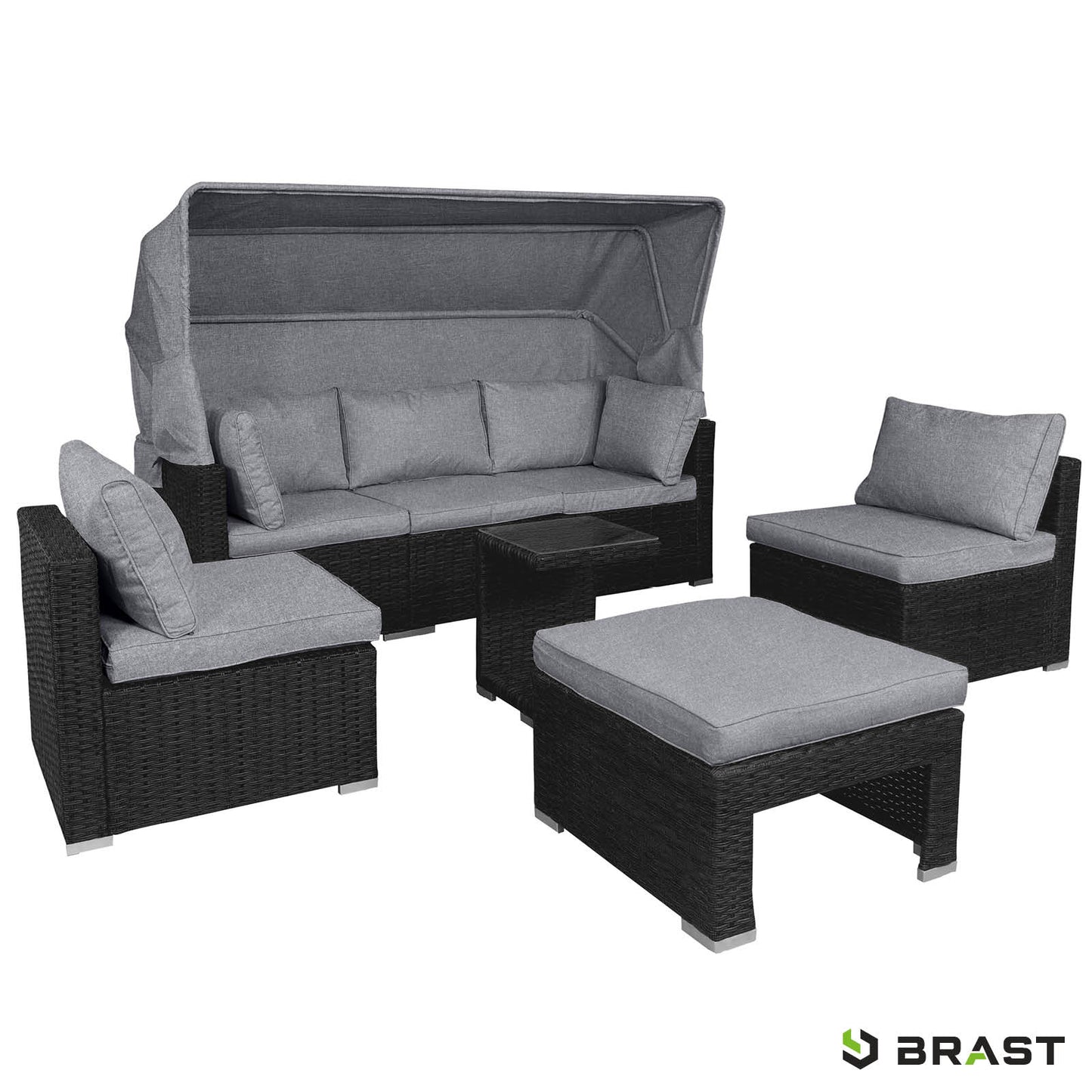 Schwarzes Polyrattan Lounge-Insel Set mit LED, grauen Auflagen, Loungemöbel Garten Lounge Möbel.