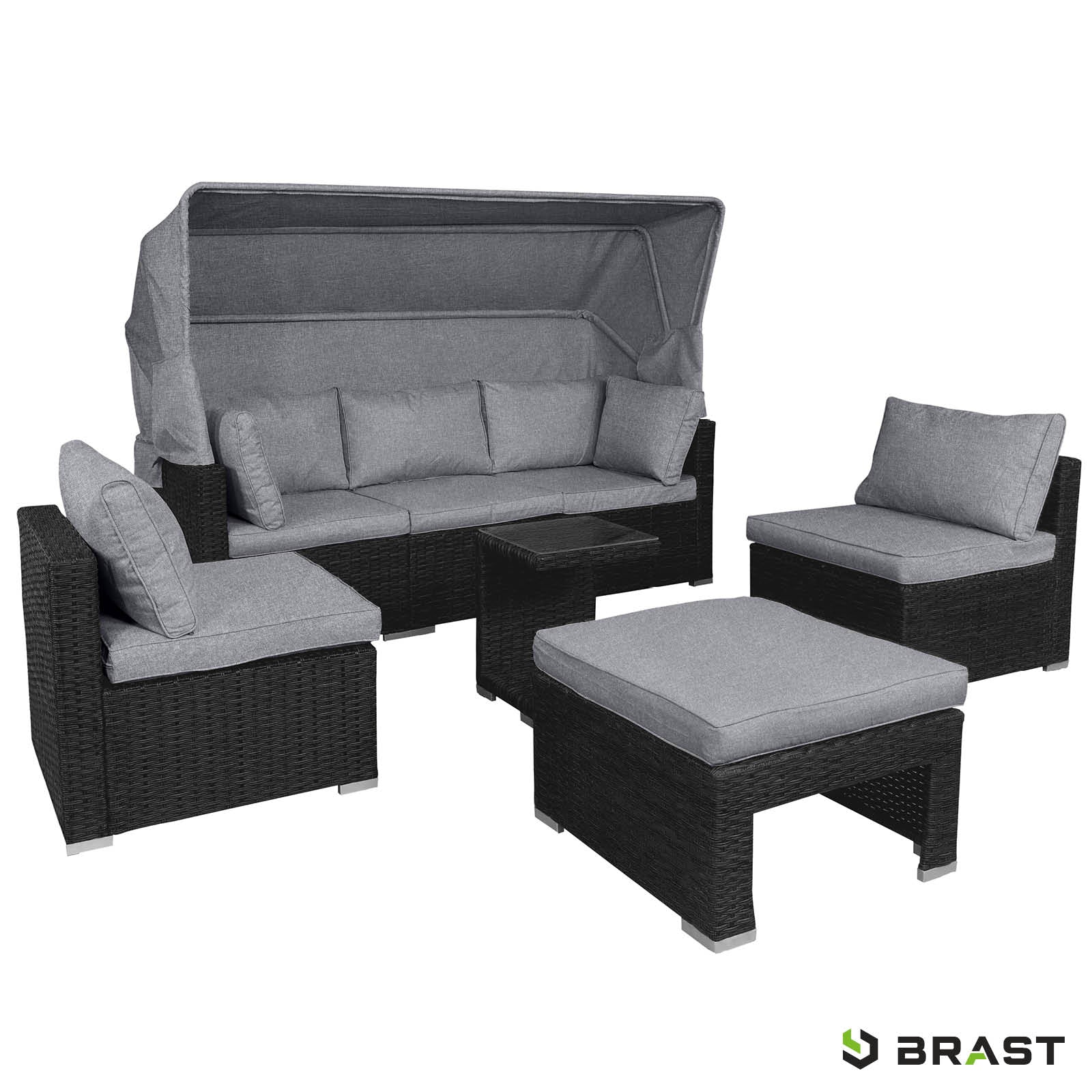 Schwarzes Polyrattan Lounge-Insel Set mit LED, grauen Auflagen, Loungemöbel Garten Lounge Möbel.