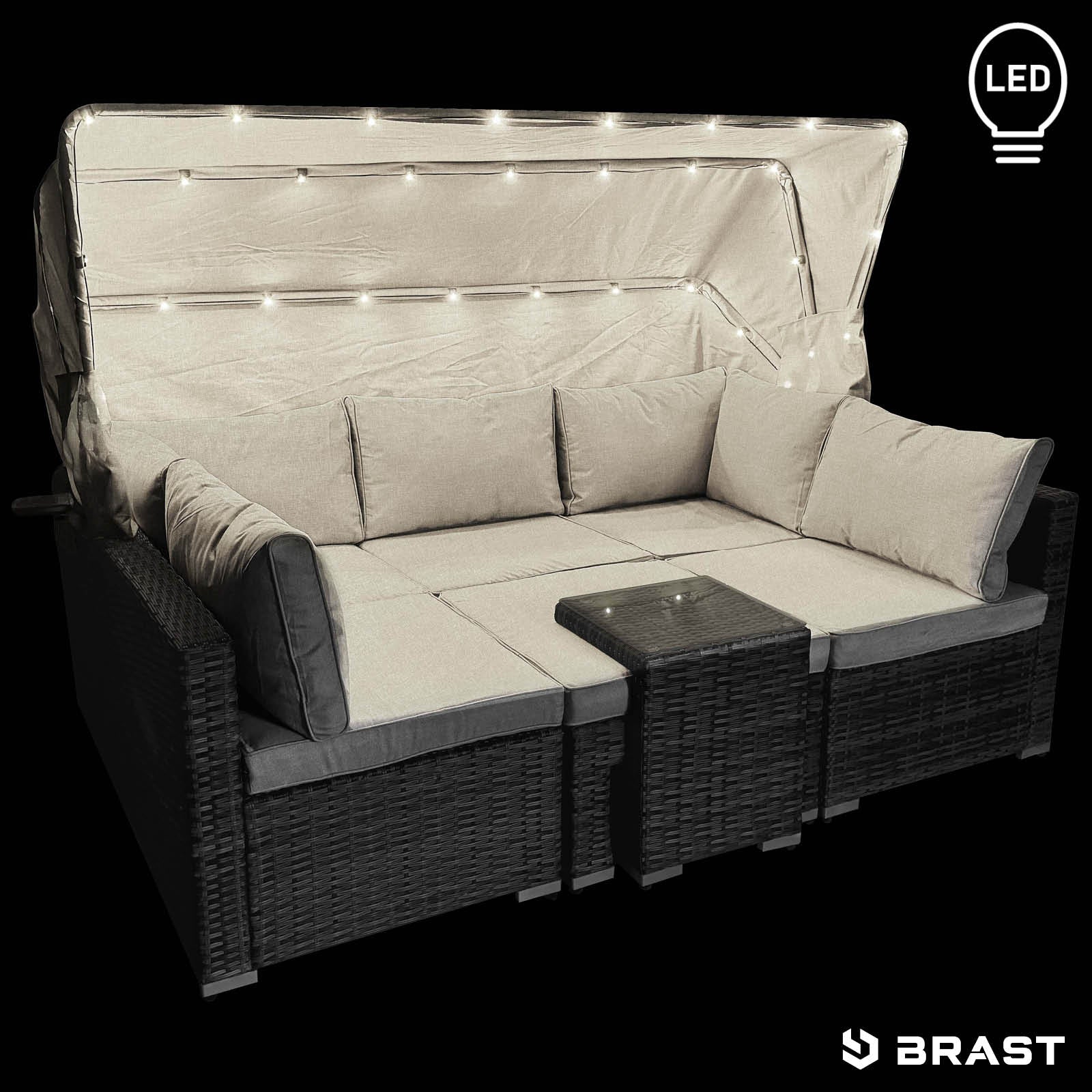 Schwarze Polyrattan Lounge-Insel mit grauen Kissen, LED-Beleuchtung, Loungemöbel Set für Garten.