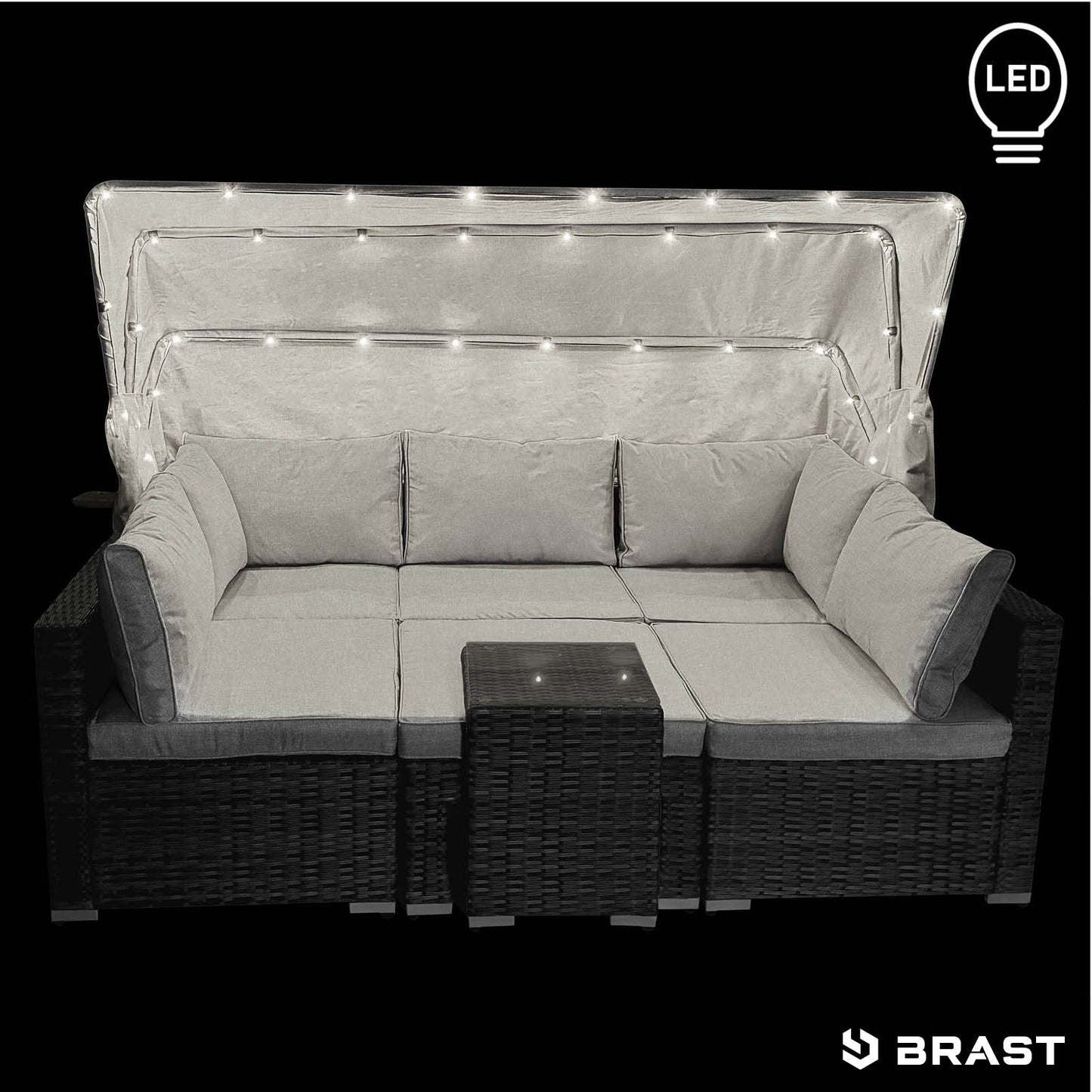Schwarze Polyrattan Lounge-Insel mit grauen Kissen, integriertem LED-Dach, Loungemöbel Set für Garten.