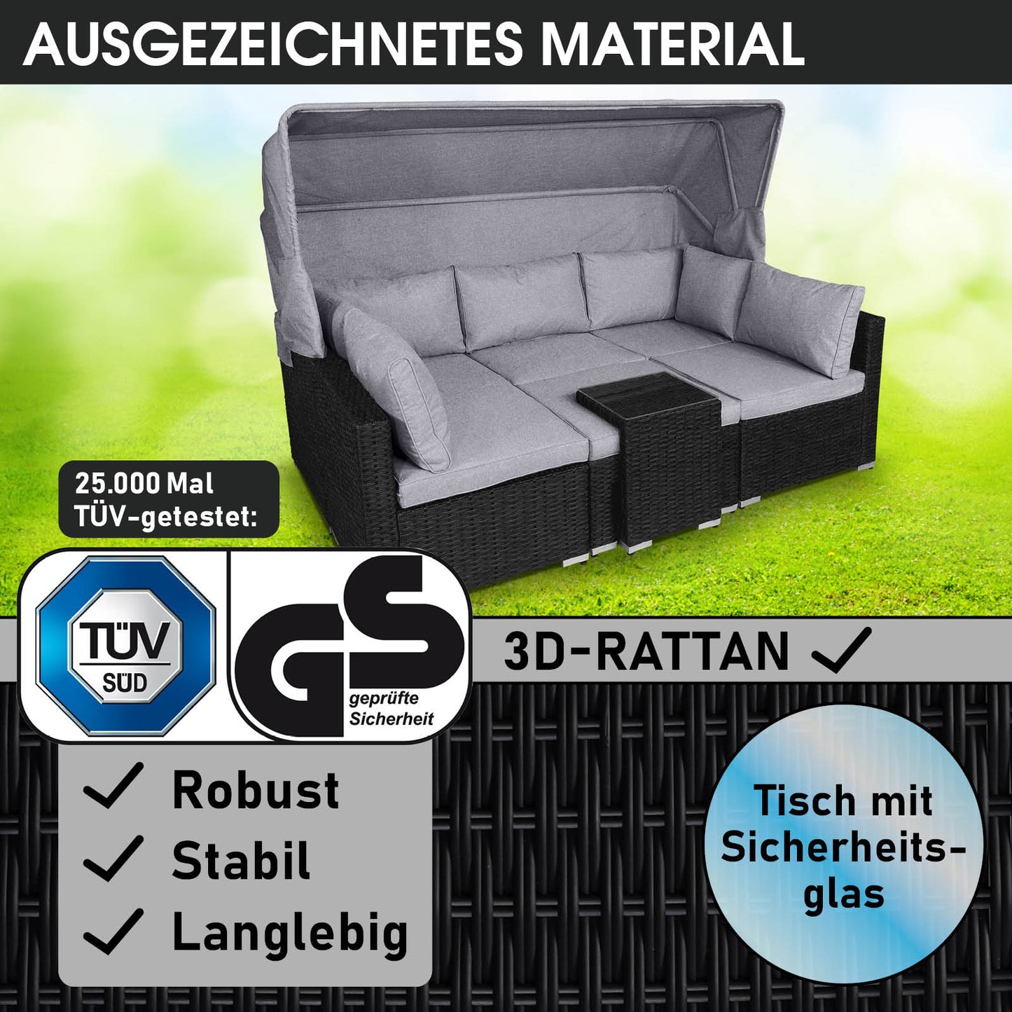 Schwarze Polyrattan Lounge-Insel mit grauen Polstern, Loungemöbel Set mit Tisch aus Sicherheitsglas, Garten Lounge Möbel.