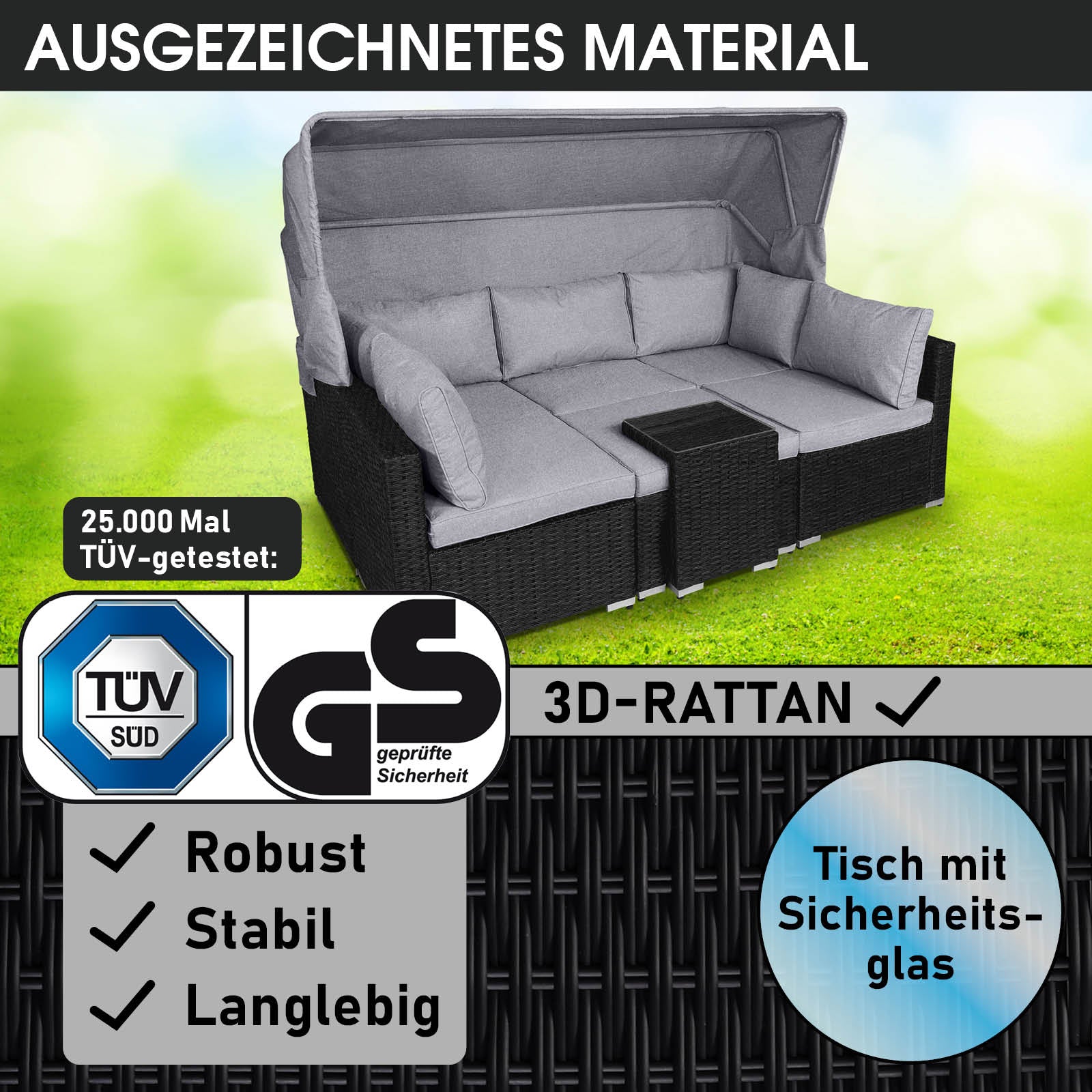 Schwarze Polyrattan Lounge-Insel mit grauen Polstern, Loungemöbel Set mit Tisch aus Sicherheitsglas, Garten Lounge Möbel.