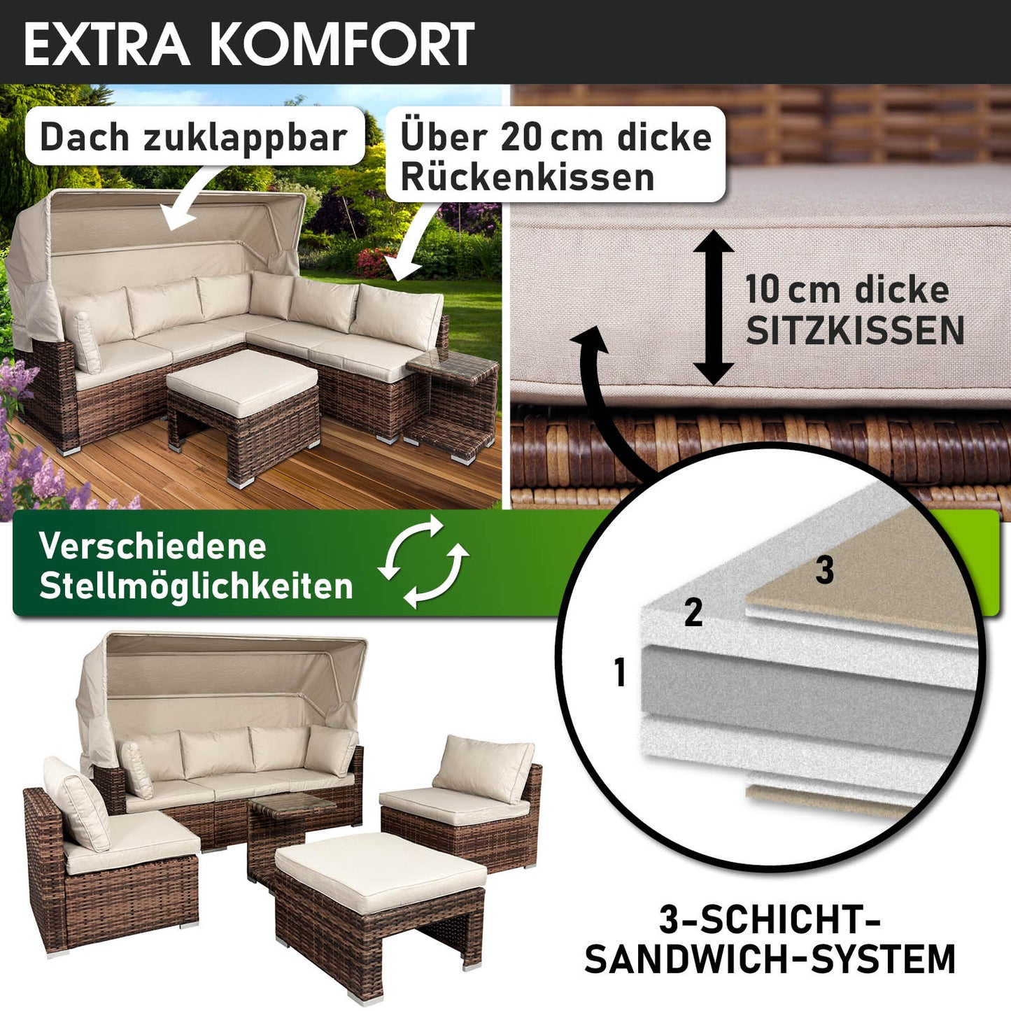 Braune Polyrattan Lounge-Insel mit beigen Kissen, dicke Sitz- und Rückenkissen, klappbares Dach, Loungemöbel Set für Garten.