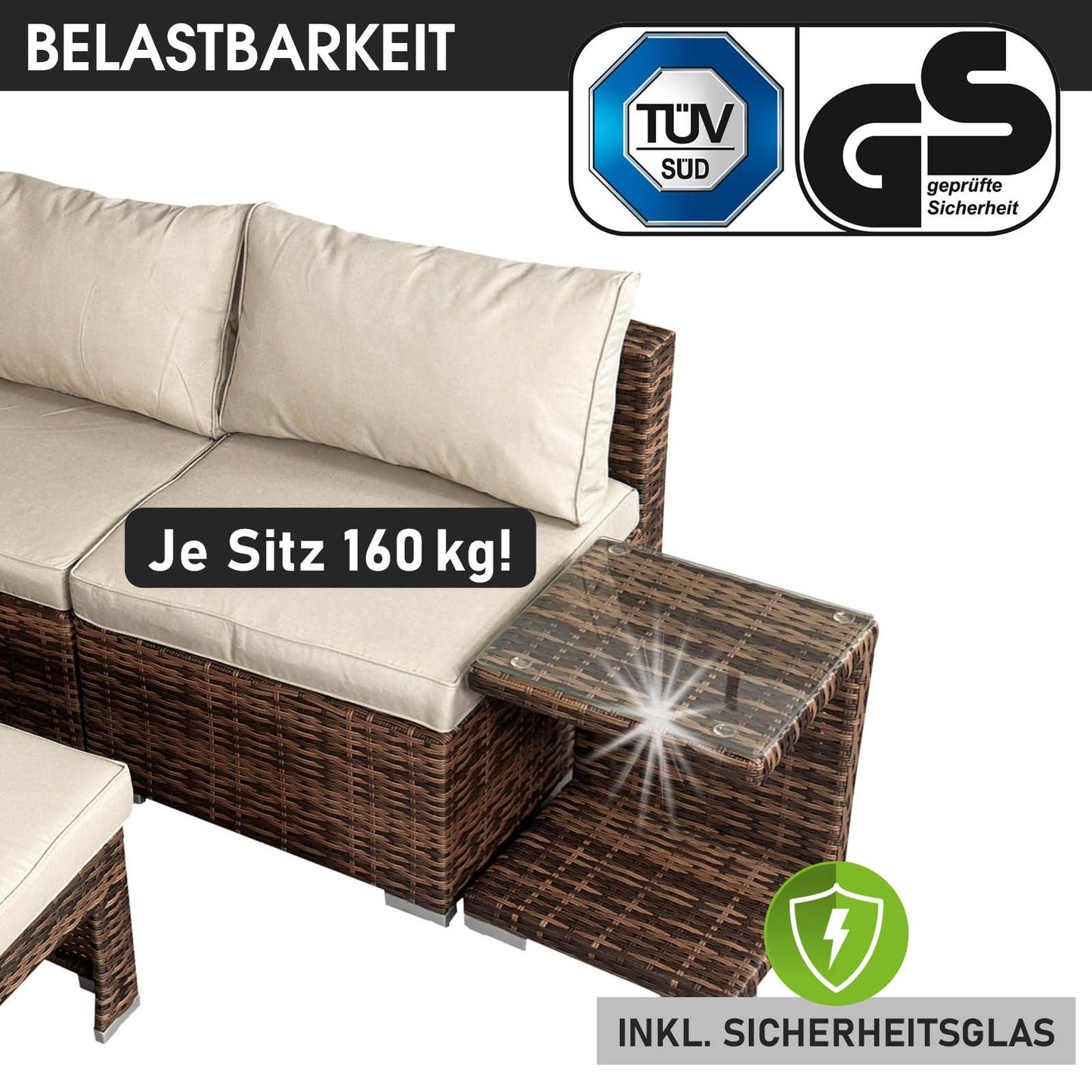 Braunes Polyrattan Loungemöbel Set mit beigen Polstern und integrierter LED, Garten Lounge Möbel.