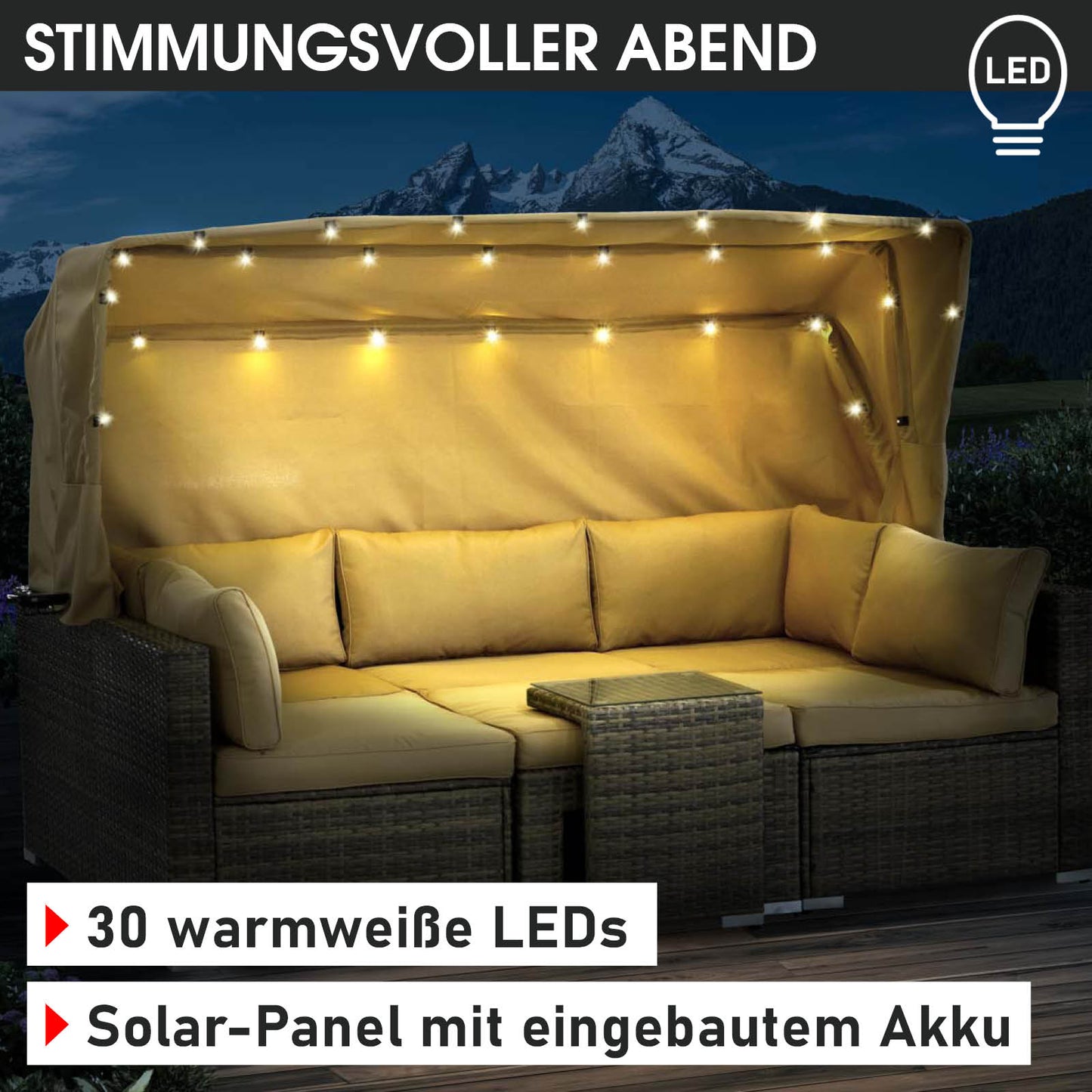 Braune Polyrattan Lounge-Insel mit LED-Beleuchtung, beigen Polstern, loungemöbel set für Outdoor-Garten lounge möbel.