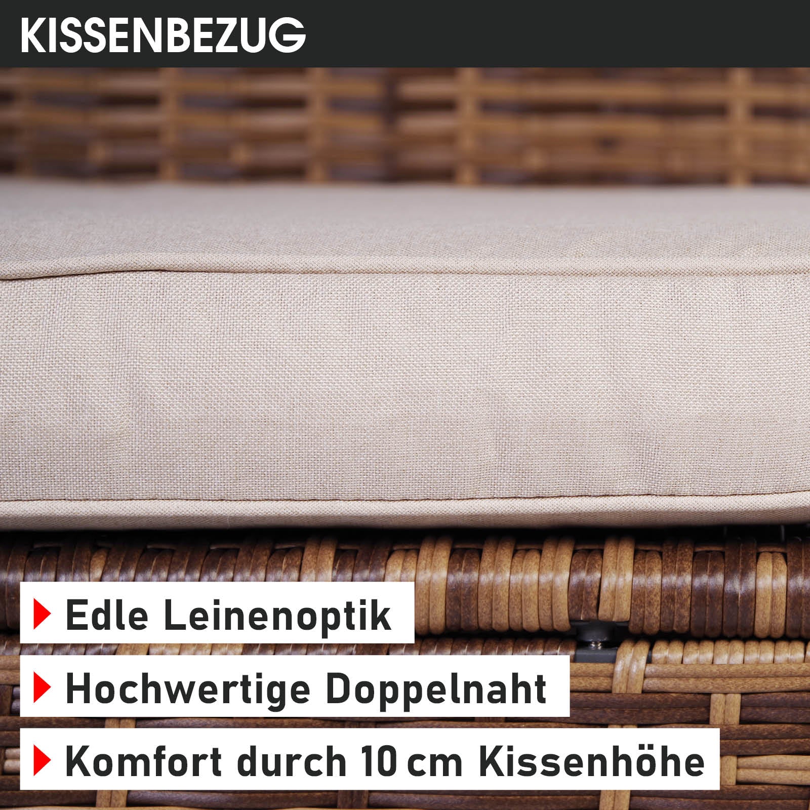 Beiges Kissen mit edler Leinenoptik und hochwertiger Doppelnaht für Polyrattan Loungemöbel Set.