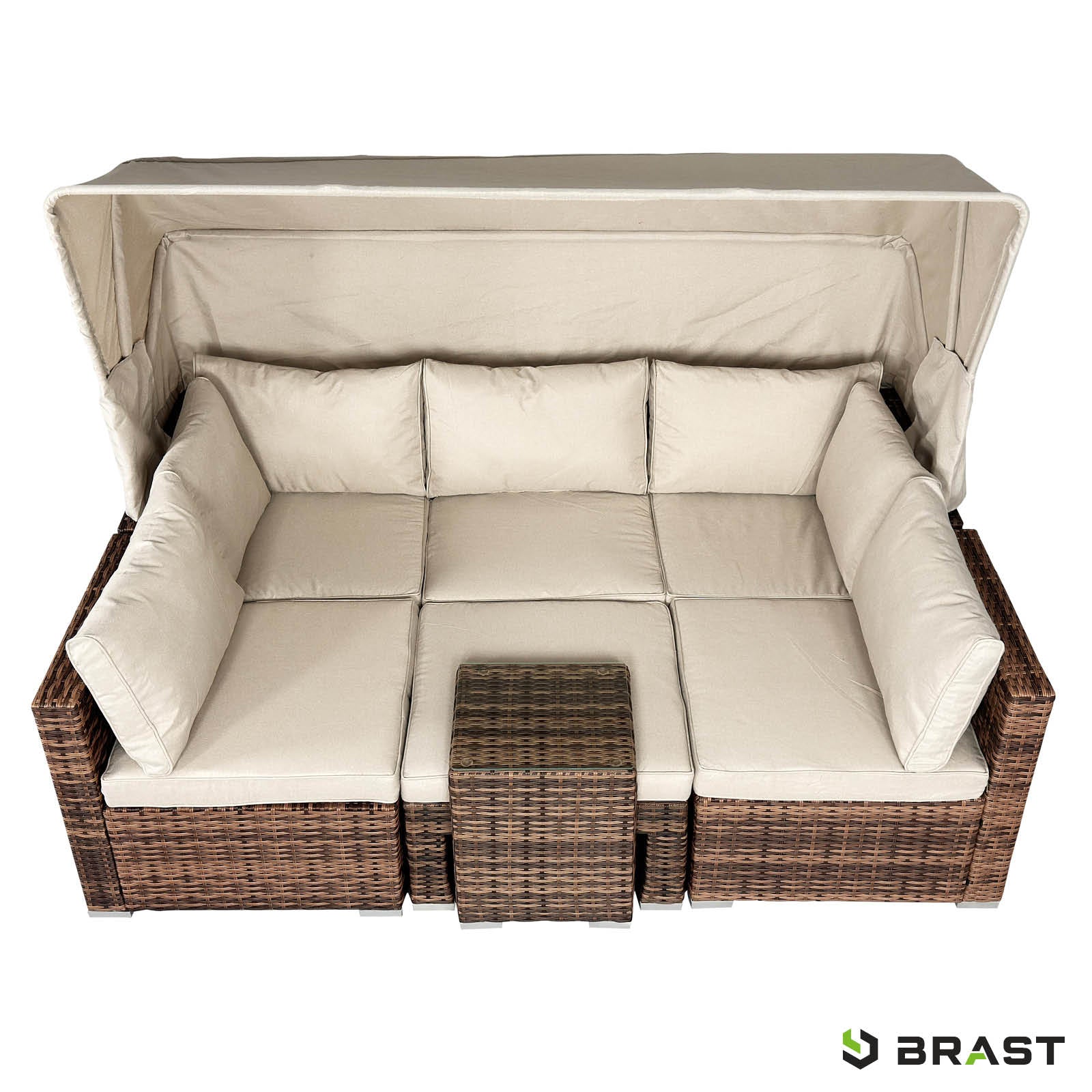 Braune Polyrattan Lounge-Insel mit beige Polstern, Sonnendach und integriertem LED-Licht, loungemöbel set für garten lounge.