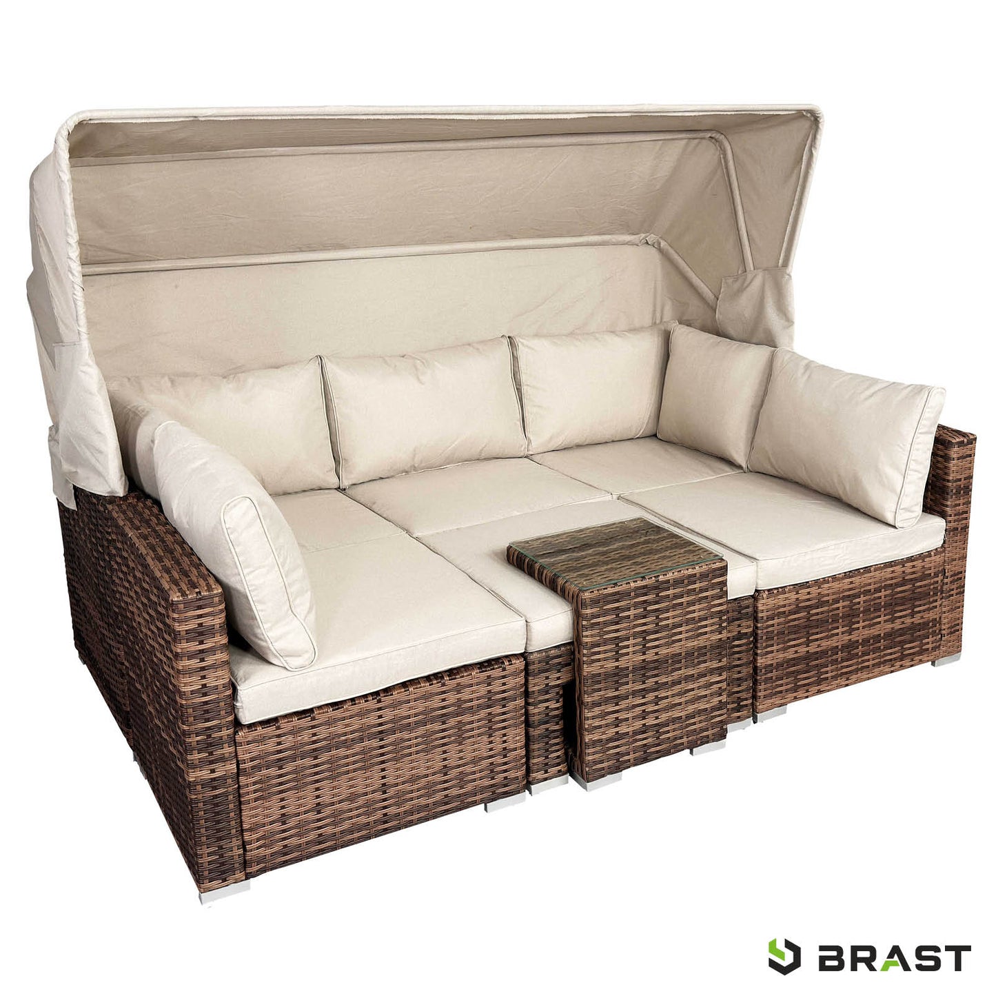 Braune Polyrattan Lounge-Insel mit beigen Polstern und integriertem Tisch, loungemöbel set für garten lounge möbel.