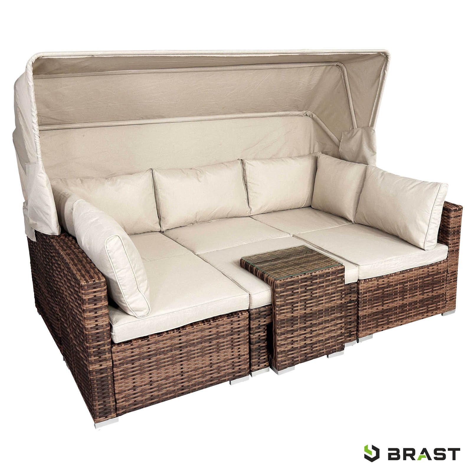 Braune Polyrattan Lounge-Insel mit beigen Polstern und integriertem Tisch, loungemöbel set für garten lounge möbel.
