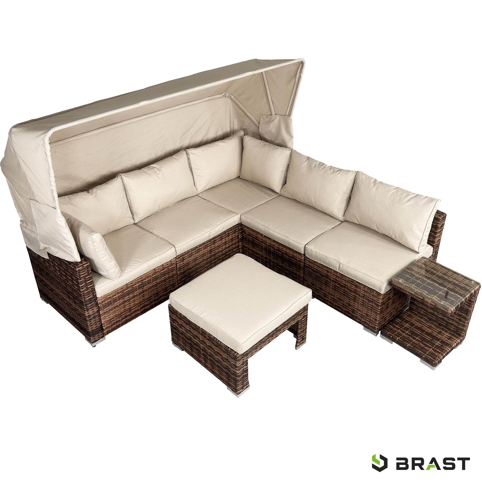 Braunes Polyrattan Lounge-Insel Set mit beige Polstern, LED-Beleuchtung, Loungemöbel Gartenbereich.