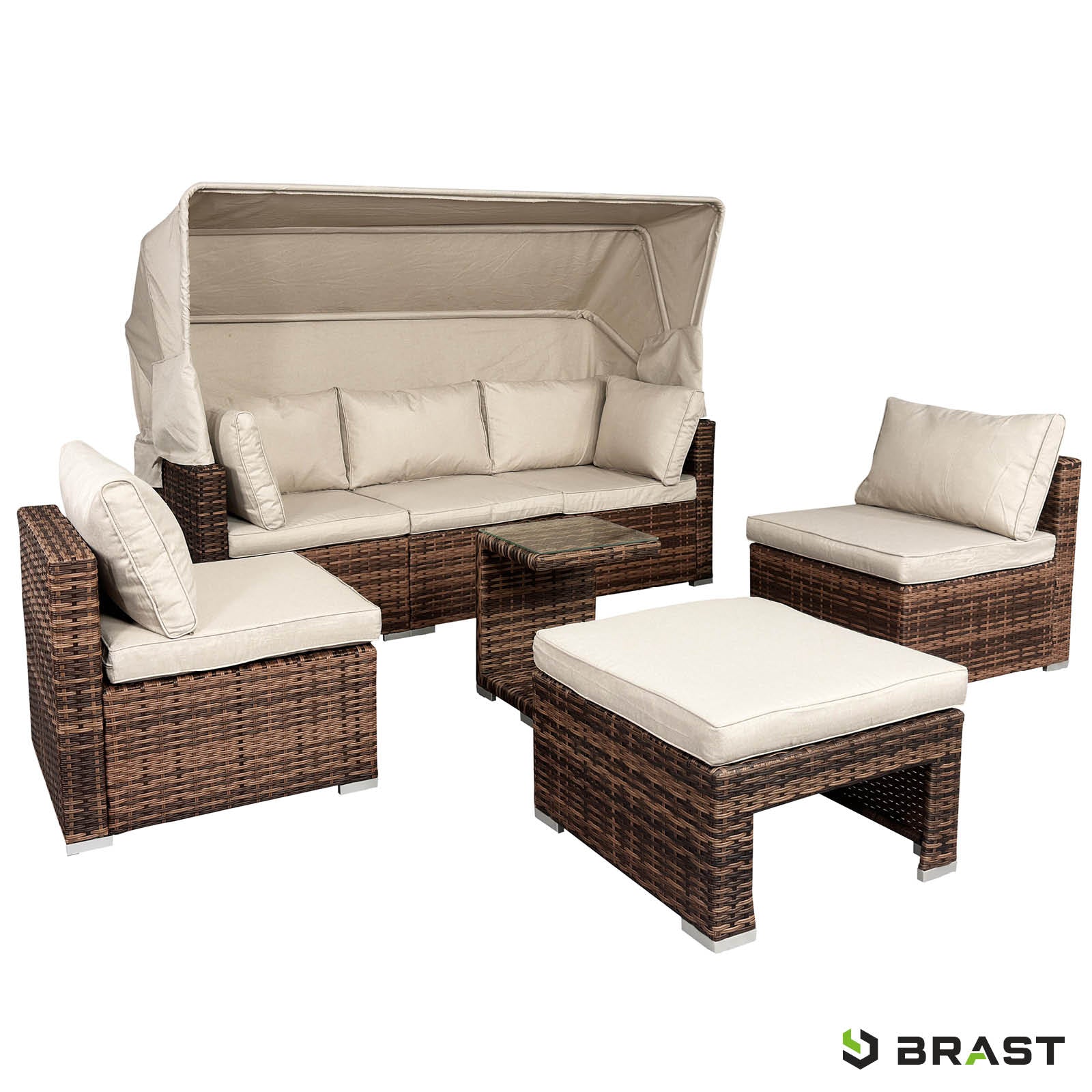 Braunes Polyrattan Lounge-Gartenmöbel Set mit beigen Kissen und verstellbarem Sonnendach, Loungemöbel für Garten und Terrasse.