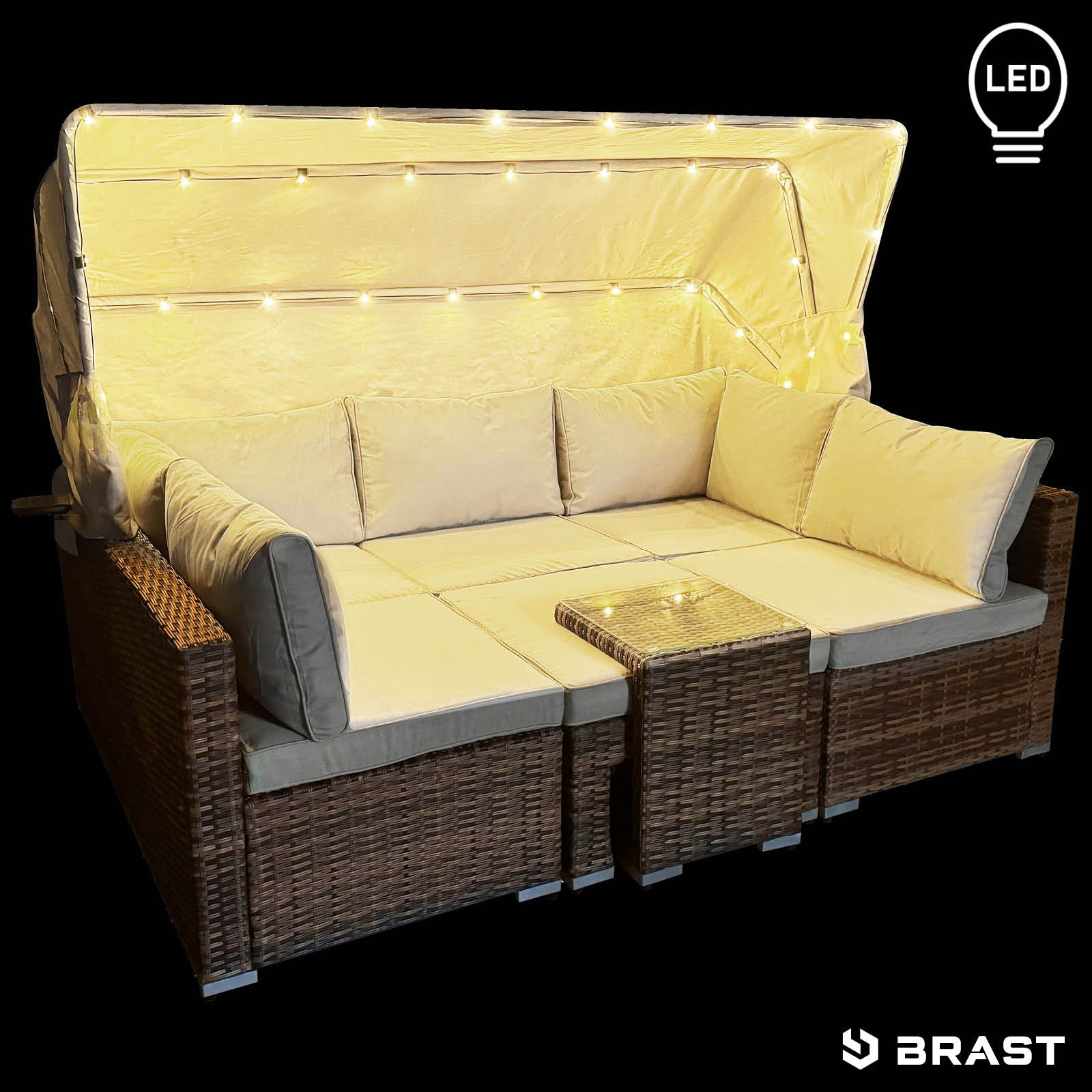 Braun-beige Polyrattan Lounge-Insel mit LED-Beleuchtung, gemütliches Loungemöbel Set für Garten.