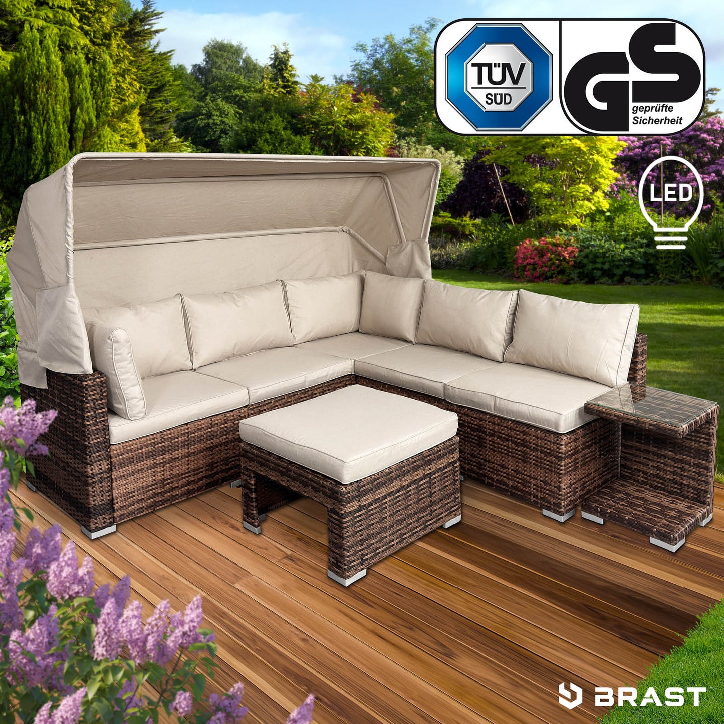Braune Polyrattan Lounge-Insel mit LED, beige Polster, Loungemöbel Set für Garten Lounge Möbel.