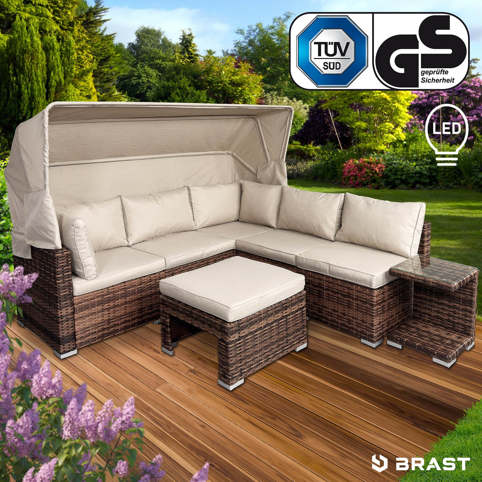 Braune Polyrattan Lounge-Insel mit LED, beige Polster, Loungemöbel Set für Garten Lounge Möbel.
