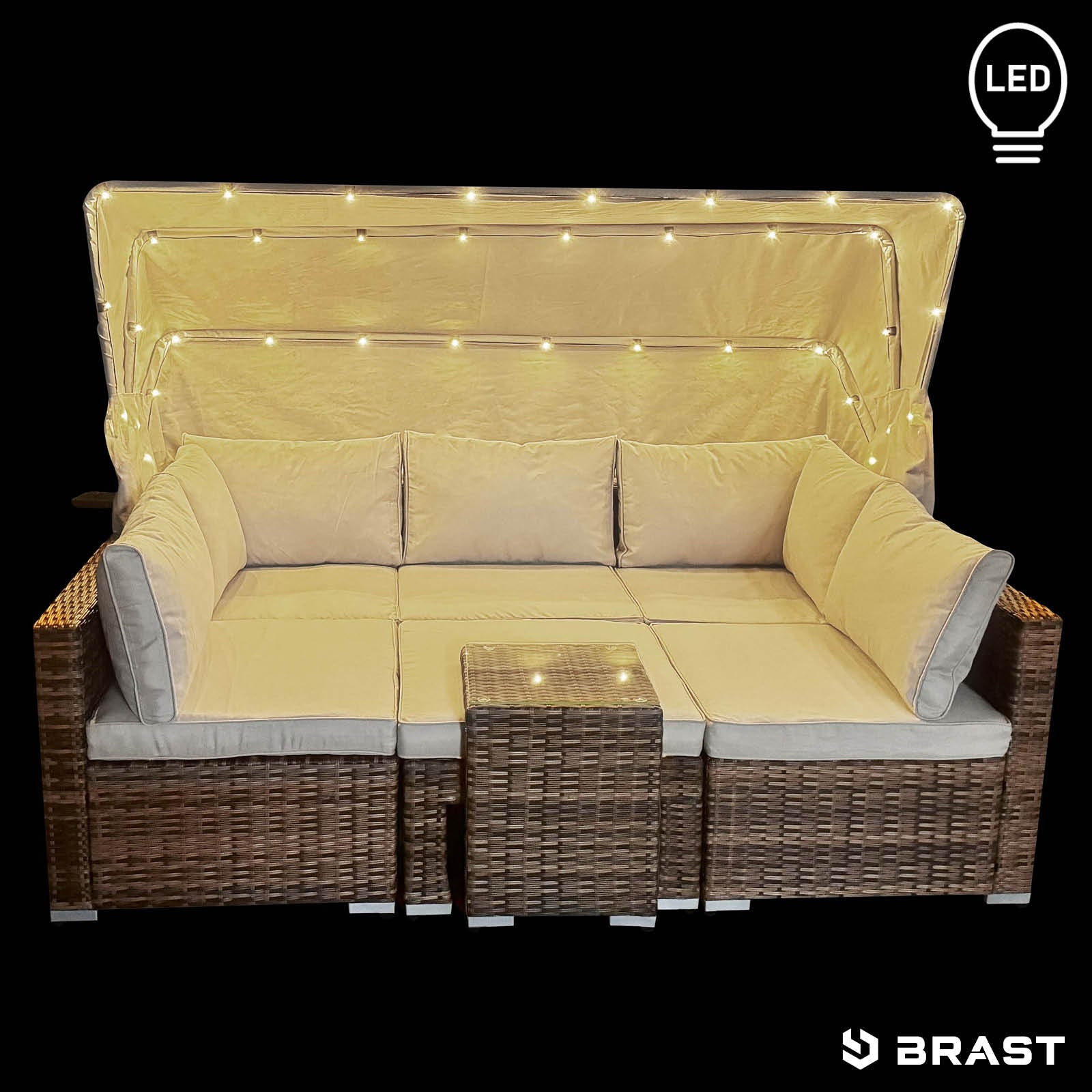 Braune Polyrattan Lounge-Insel mit LED-Beleuchtung, beige Polster, loungemöbel set fürs garten lounge möbel.