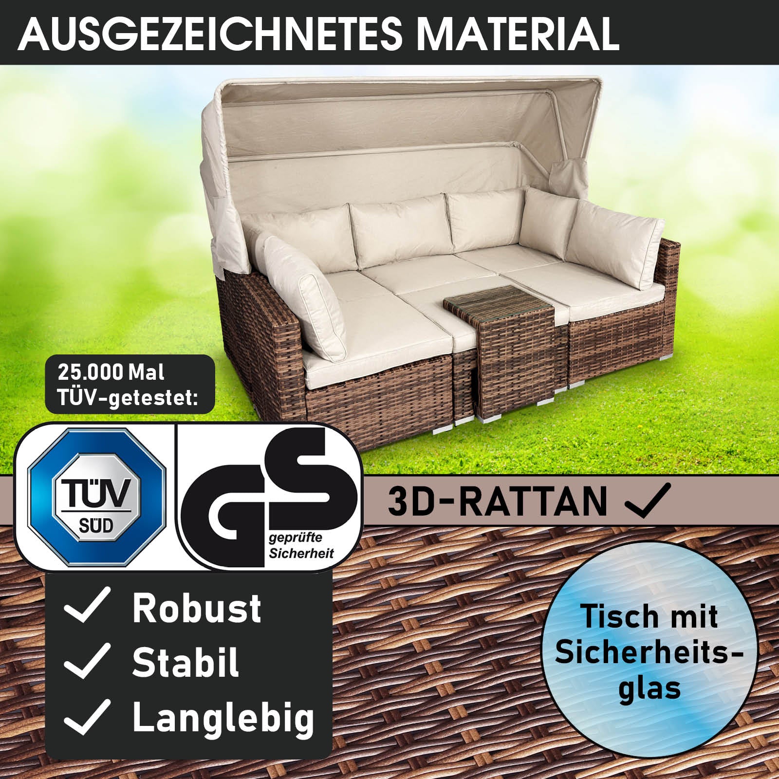 Braunes Polyrattan Loungemöbel Set mit beigen Polstern und integriertem Tisch, Garten Lounge Möbel.