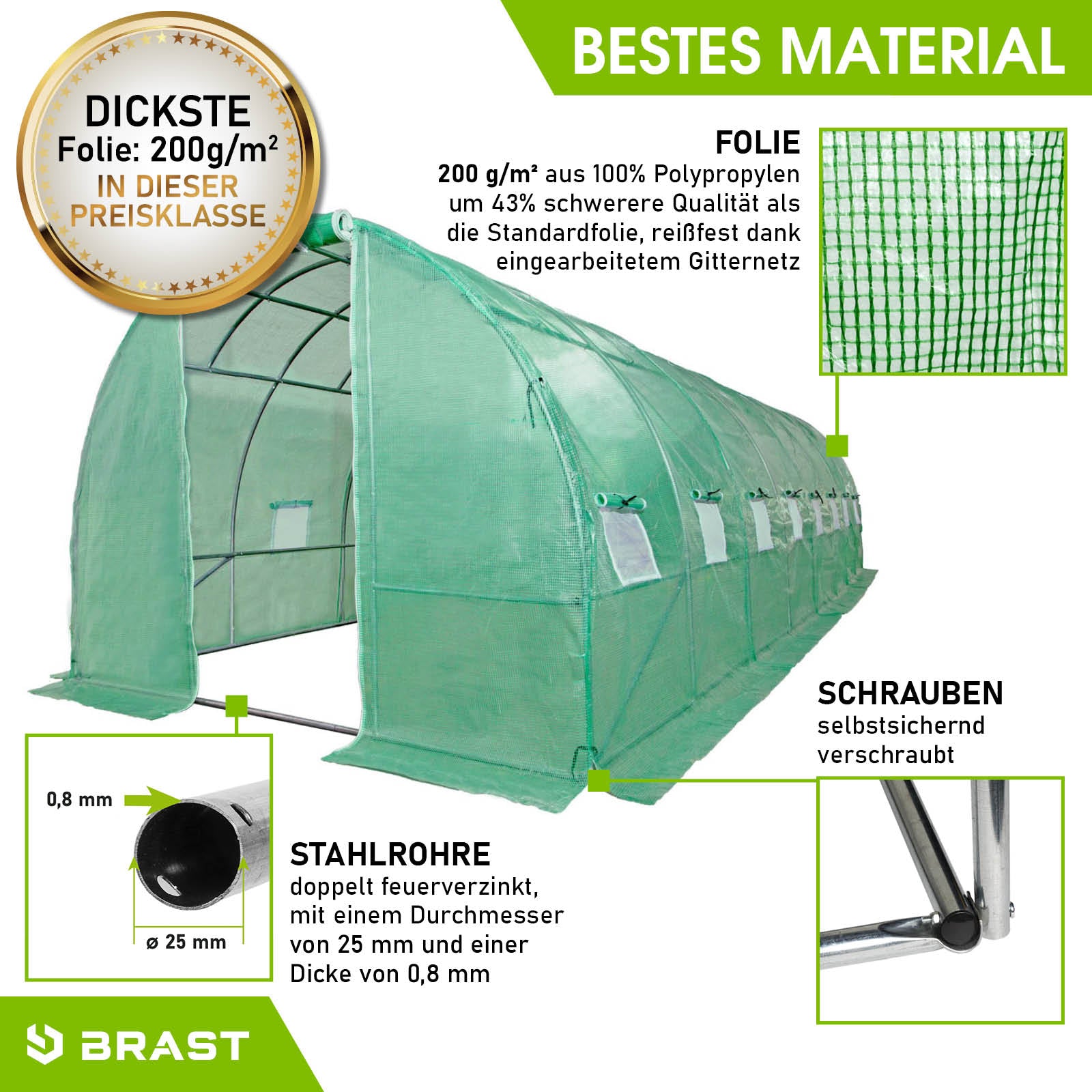 Begehbares Foliengewächshaus 3x8 m mit stabilem Fundament, windsicheres Gewächshaus Treibhaus aus dickem 200 g/m².