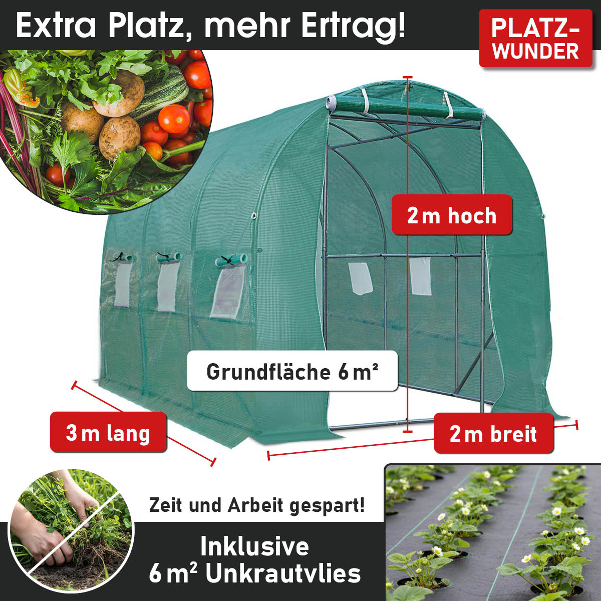 Folien-Gewächshaus 06, 2x3m inkl. Erdanker & Unkrautvlies