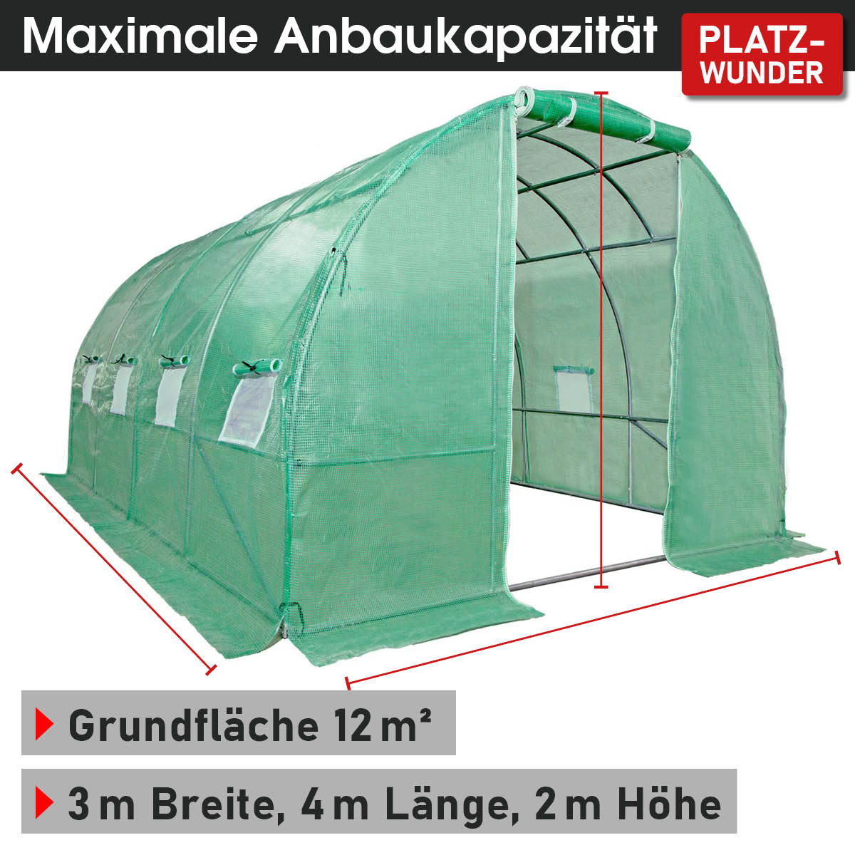 Folien-Gewächshaus 12, 3x4m inkl. Erdanker & Unkrautvlies