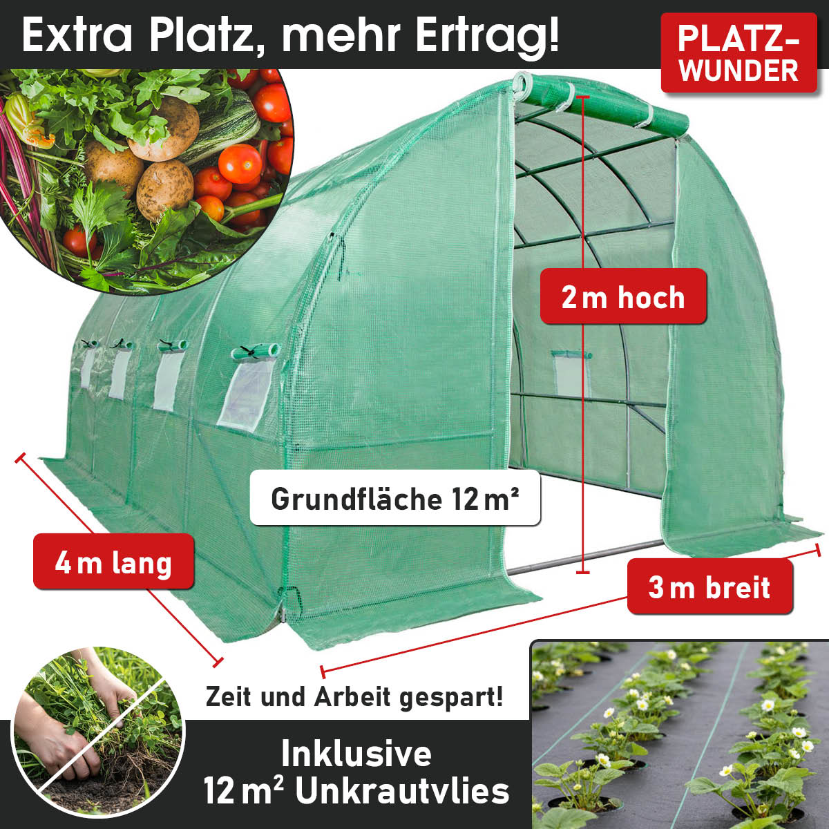 Folien-Gewächshaus 12, 3x4m inkl. Erdanker & Unkrautvlies