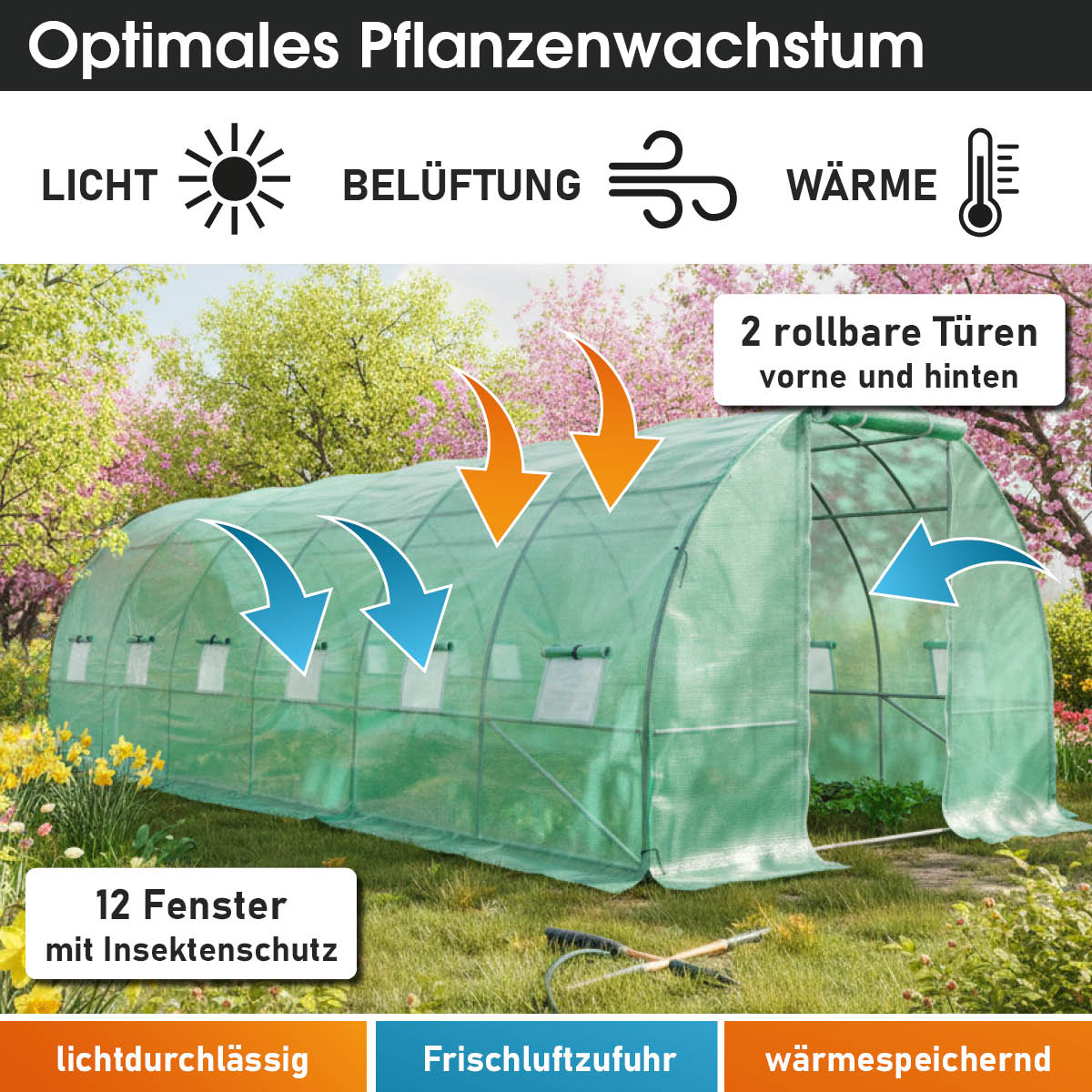 Folien-Gewächshaus 18, 3x6m inkl. Erdanker & Unkrautvlies