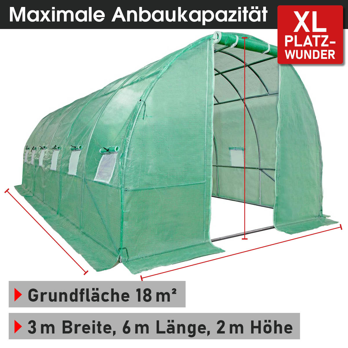 Folien-Gewächshaus 18, 3x6m inkl. Erdanker & Unkrautvlies