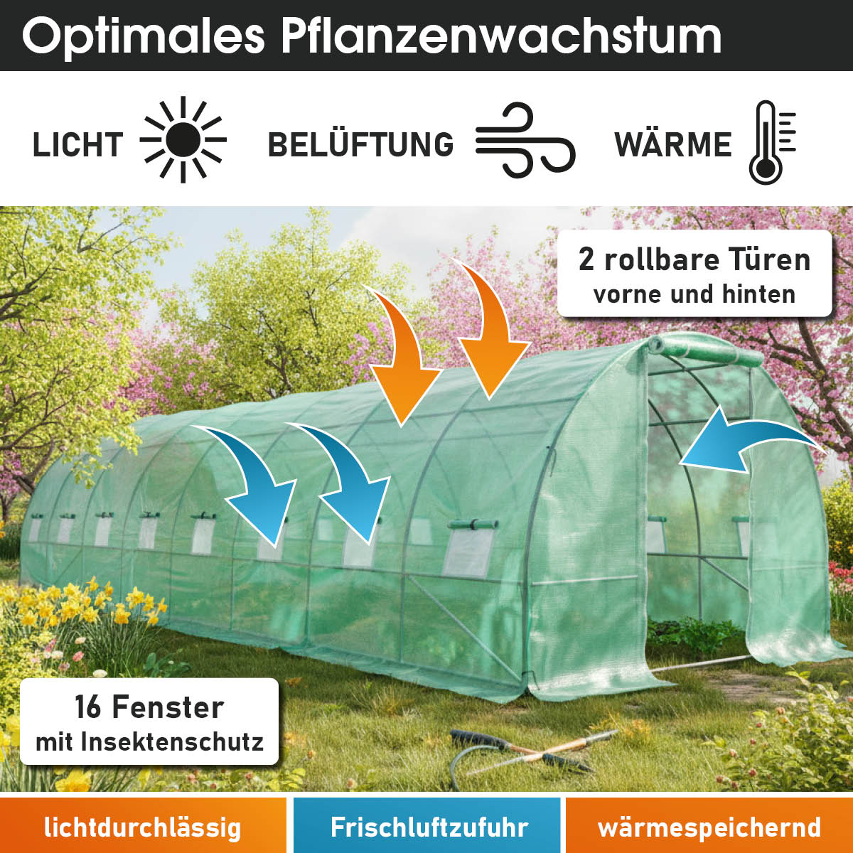 Folien-Gewächshaus 24, 3x8m inkl. Erdanker & Unkrautvlies