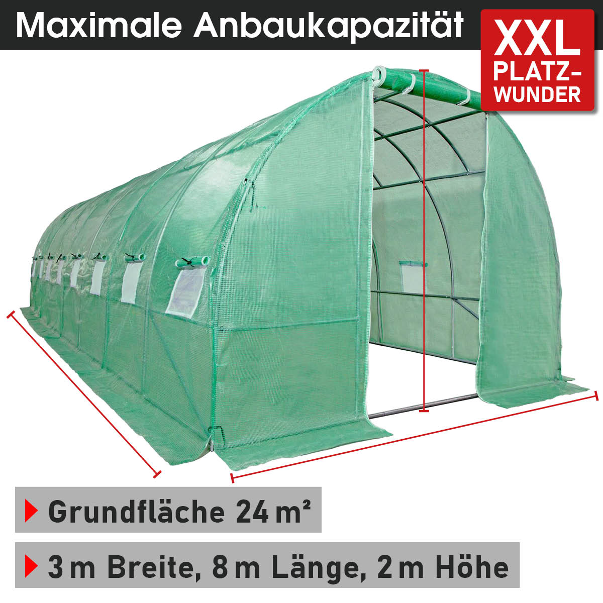 Folien-Gewächshaus 24, 3x8m inkl. Erdanker & Unkrautvlies